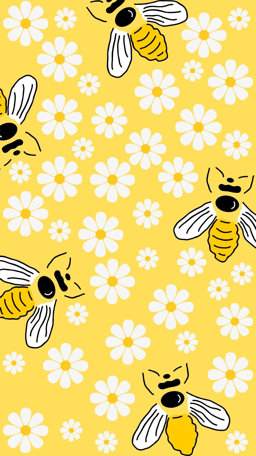 Yellow aesthetic wallpaper with bees and flowers. - Bee