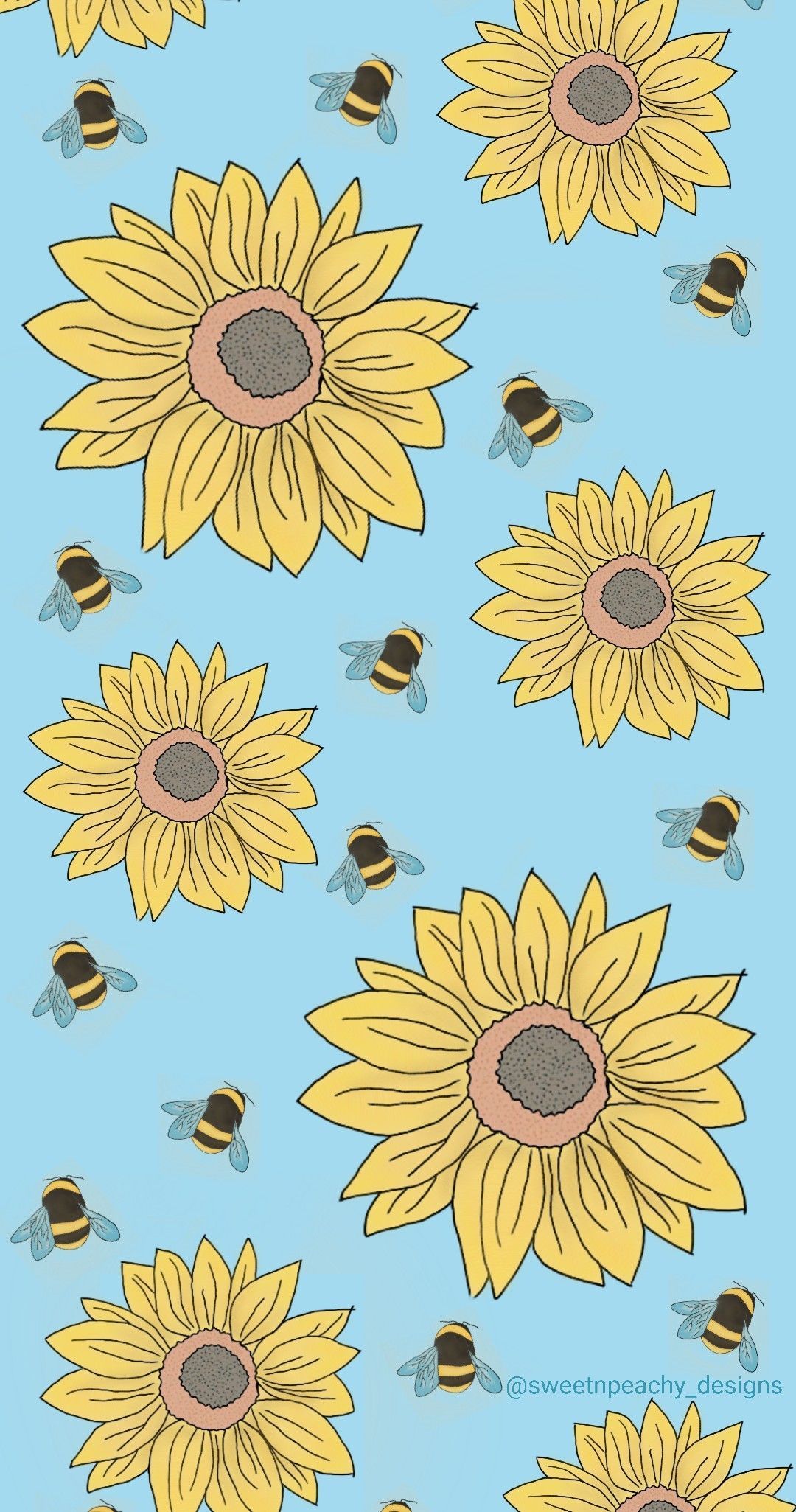 A pattern of sunflowers and bees on blue background - Bee