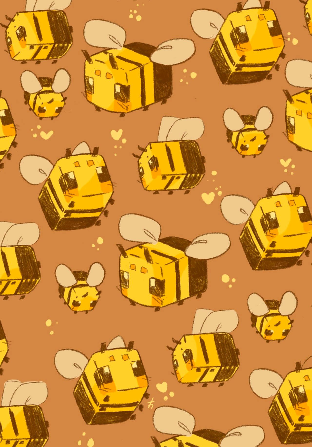A pattern of bees and hearts on brown background - Bee