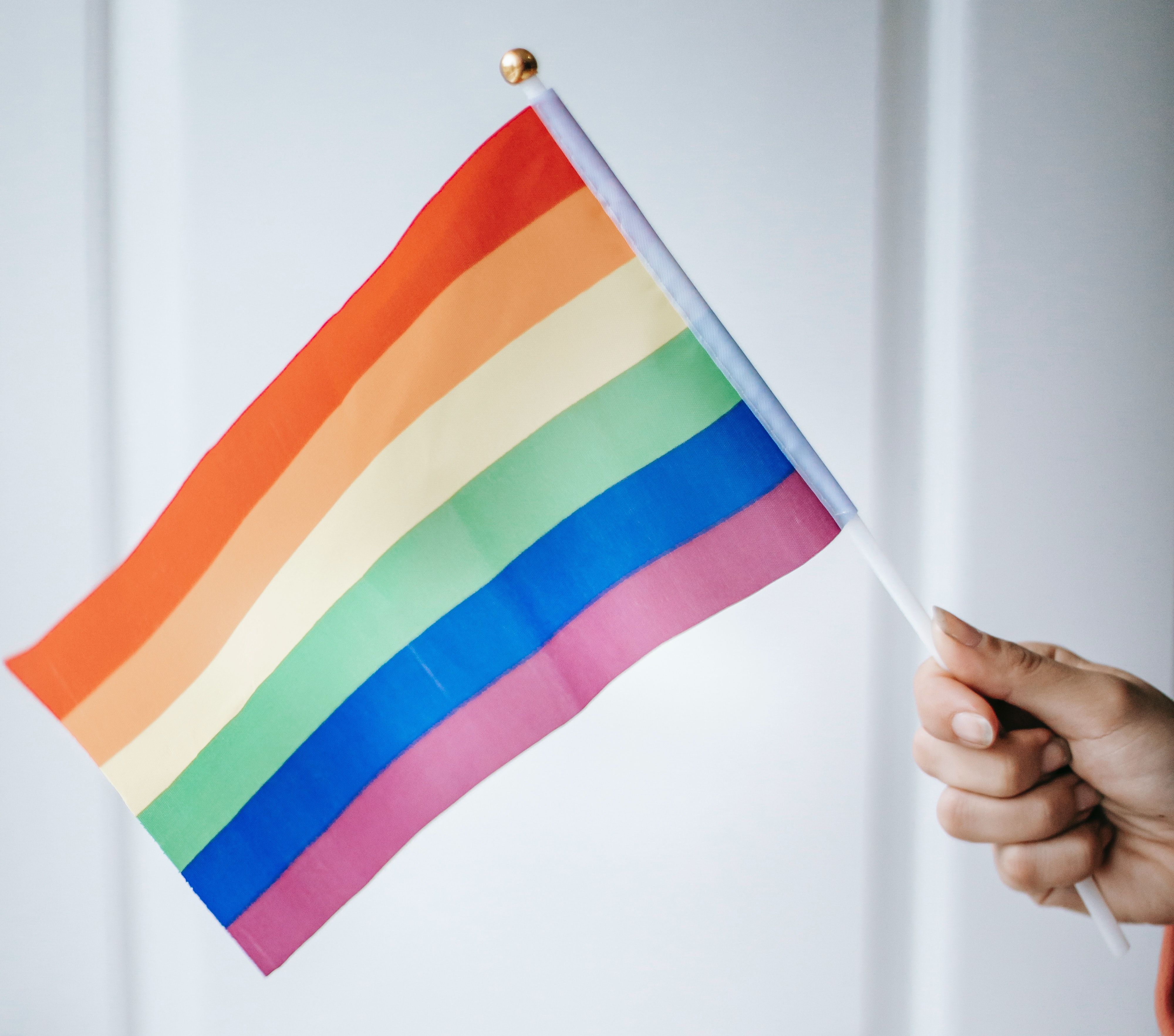 A hand holding a small rainbow flag - LGBT