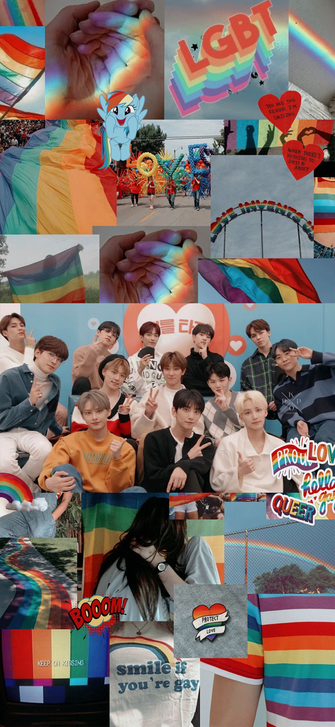 A collage of pictures including the members of Stray Kids, pride flags, and rainbows. - LGBT