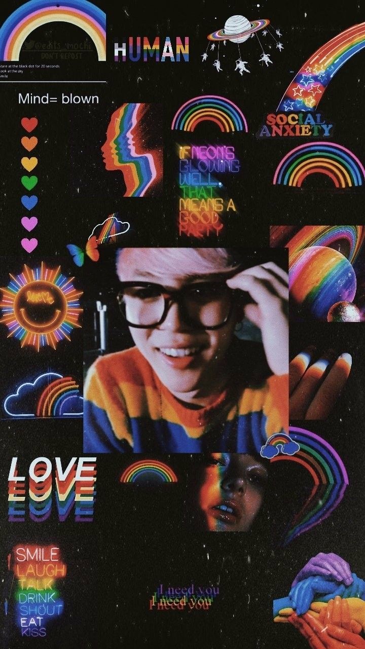A collage of images including a rainbow, a boy with glasses, and the words 