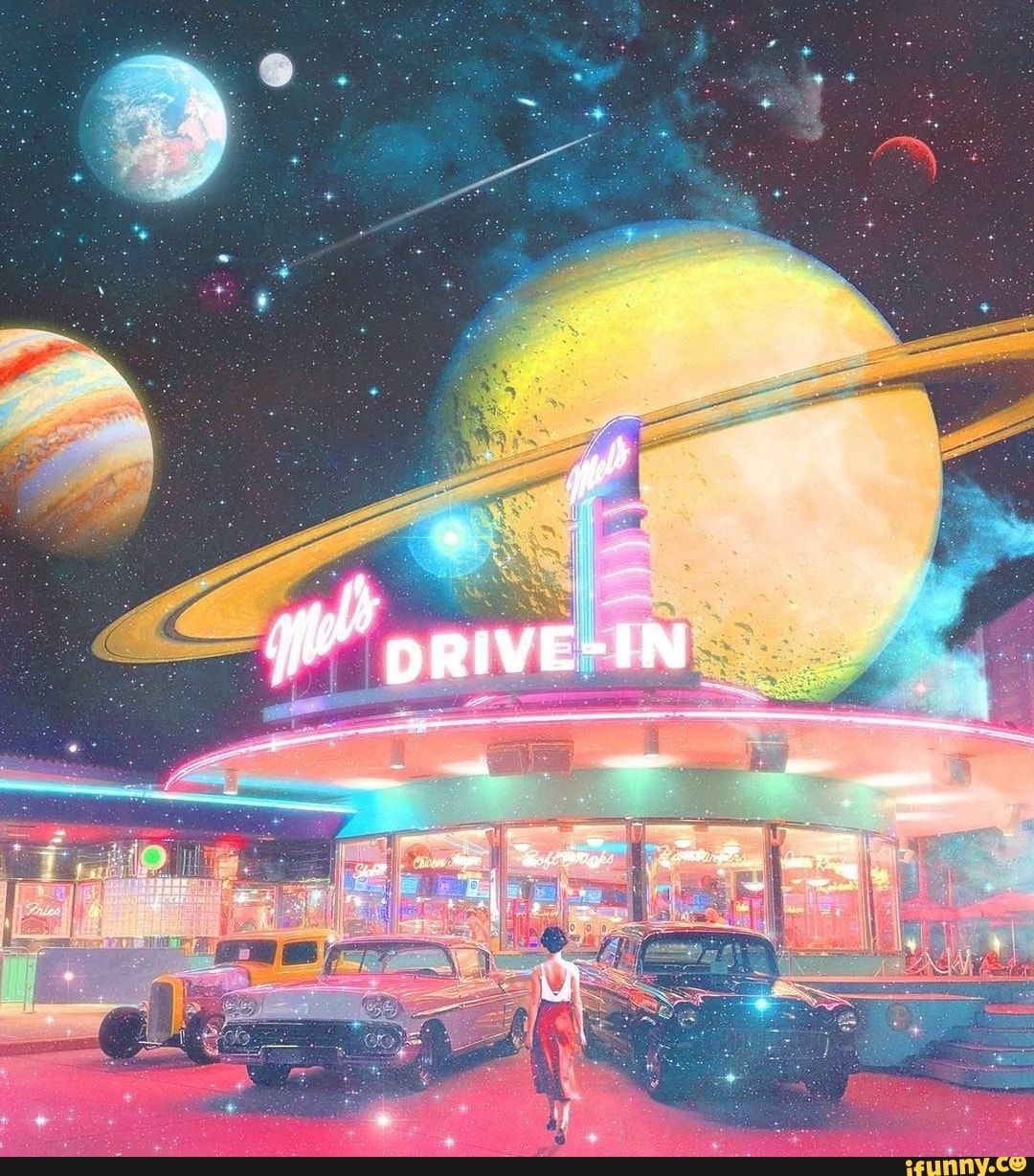 A painting of an alien planet with cars and people - 50s