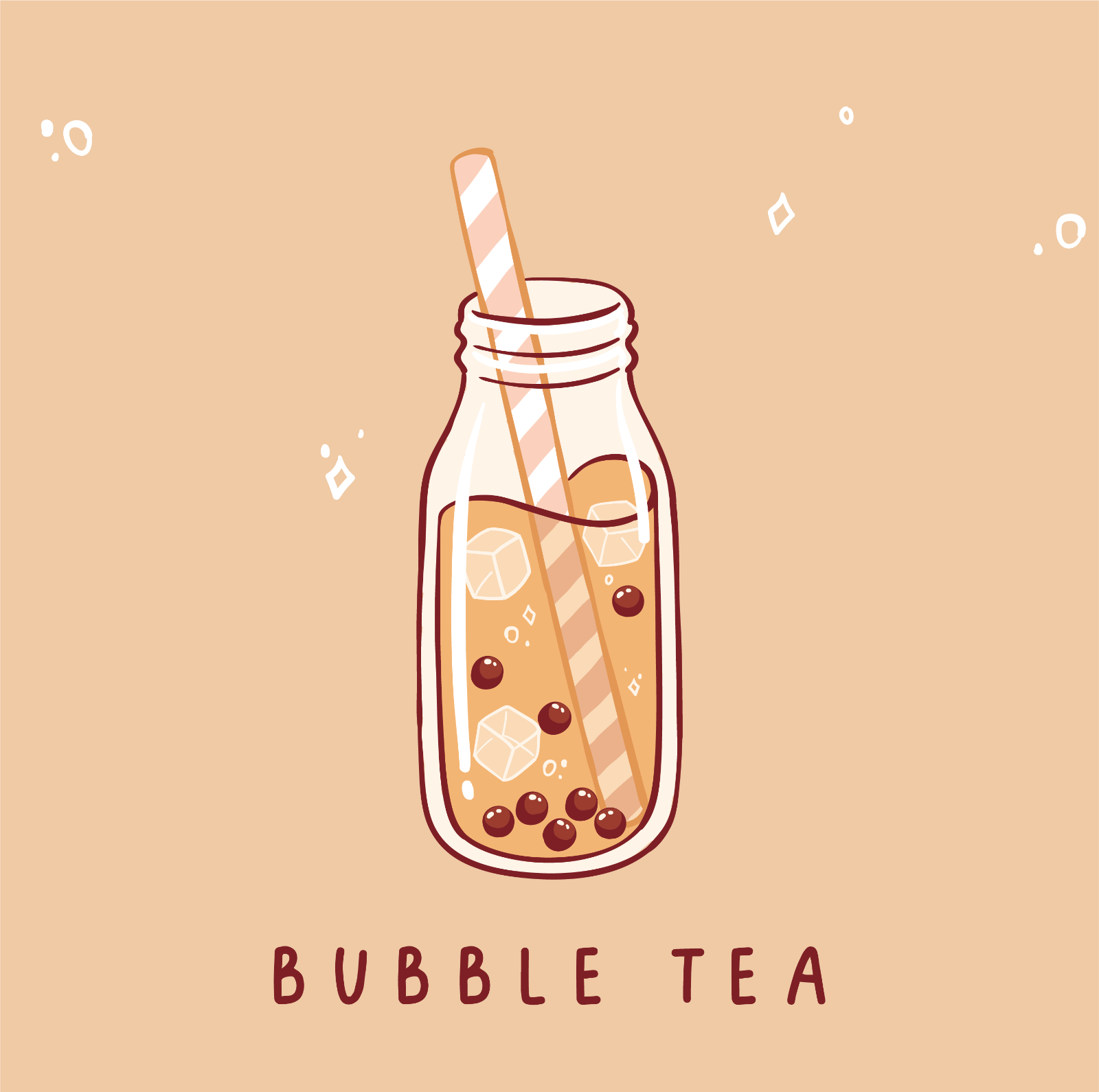 A bubble tea drink in an illustrated glass - Boba