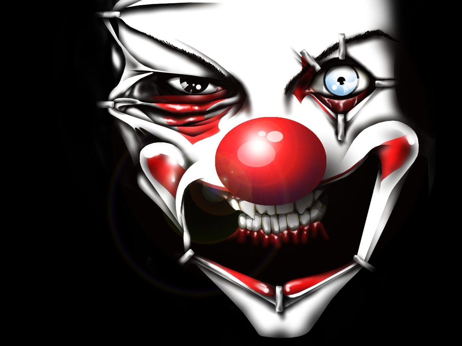 A scary clown with red nose, white face, black eyes and white teeth. - Clown