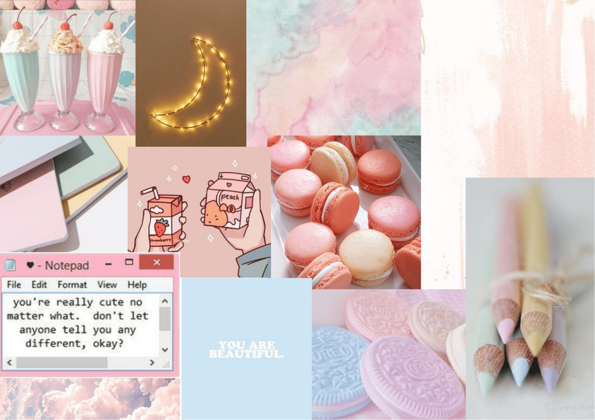 A collage of pastel pink and blue aesthetic images, including ice cream, macarons, and a notepad with the text 