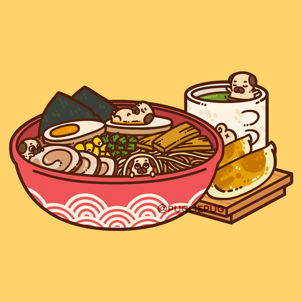 A bowl of ramen with a side of gyoza and a drink - Foodie