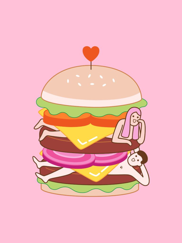 An illustration of a burger with a heart on top and two people lying on it. - Foodie