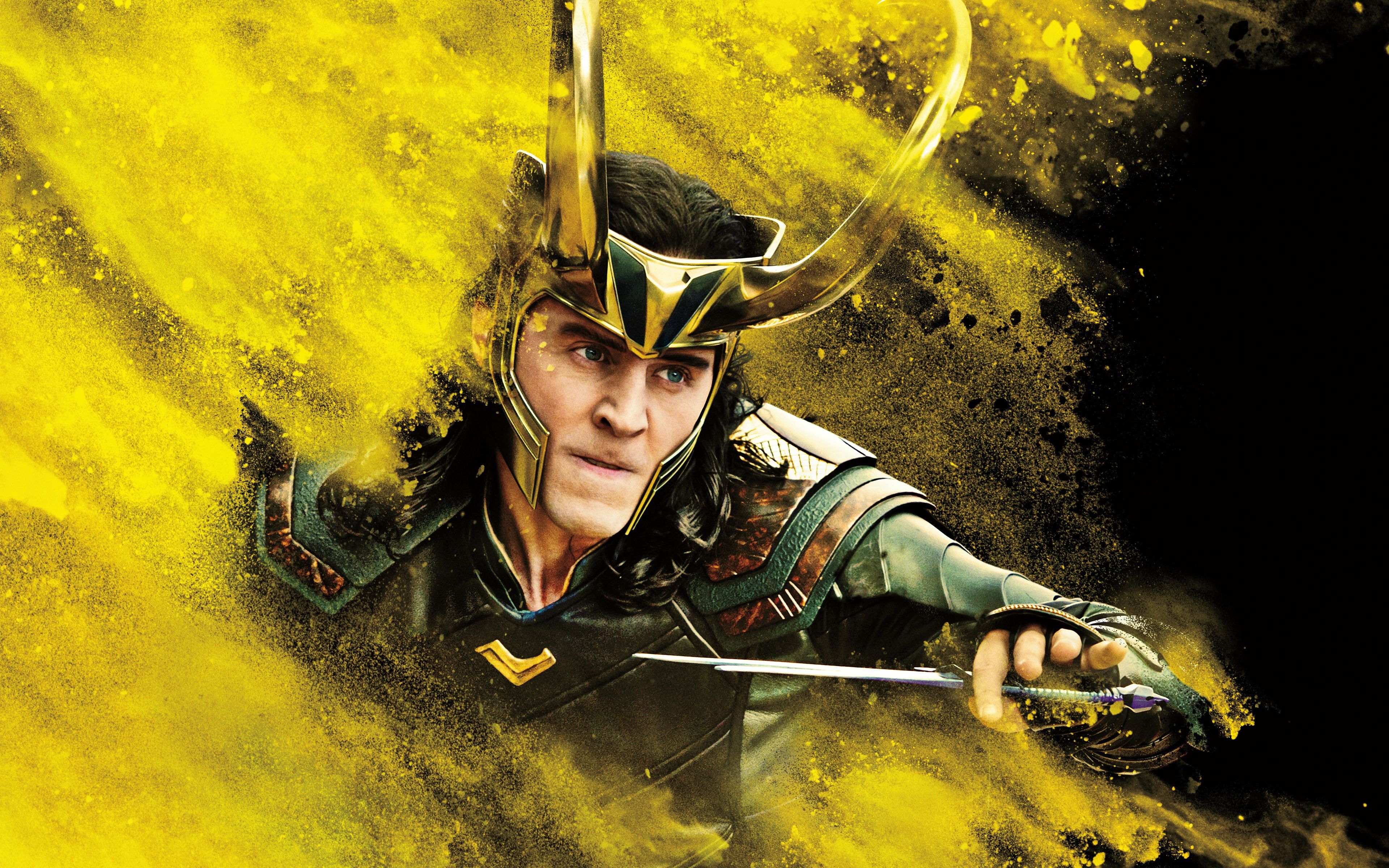 A man with horns holding two swords - Loki