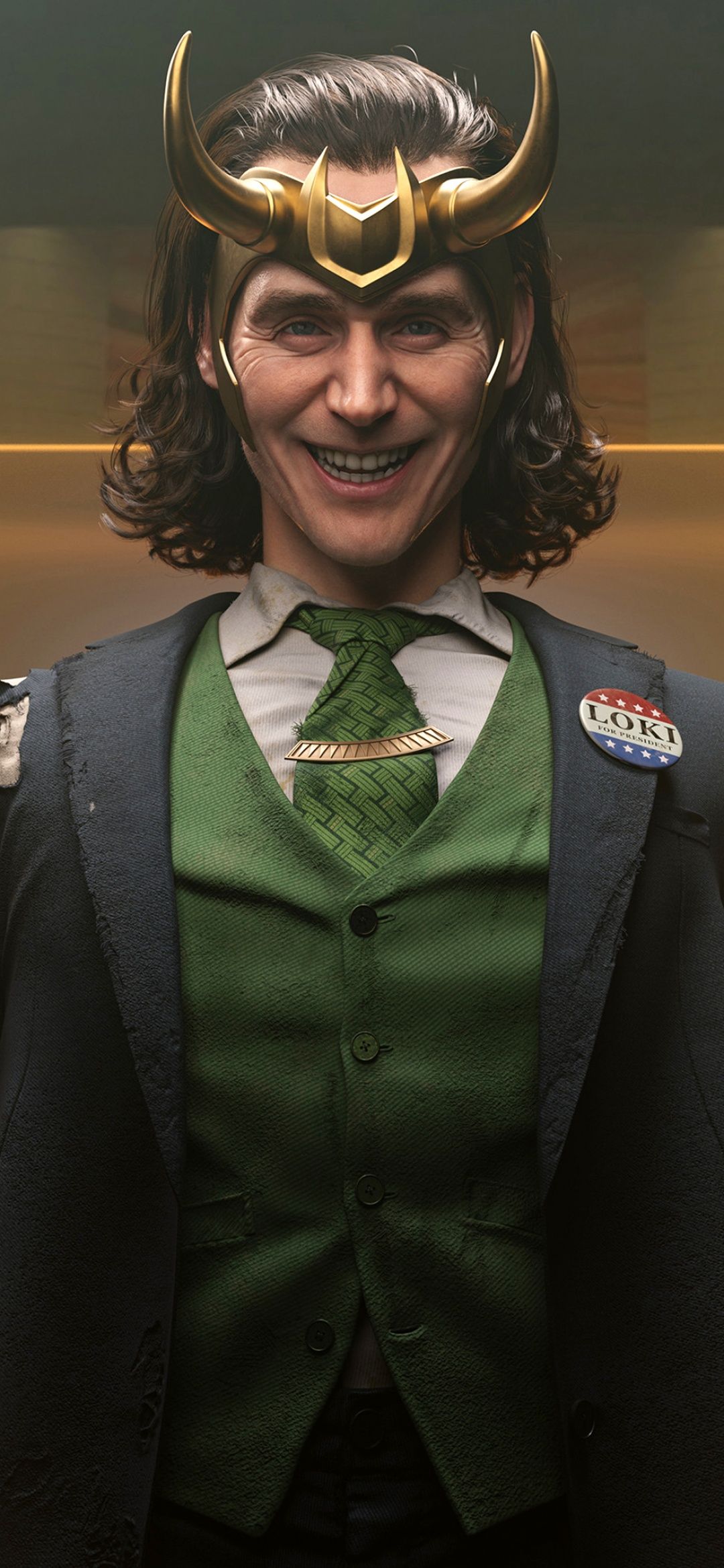 A digital painting of Tom Hiddleston as Loki from the Marvel Cinematic Universe, wearing a green suit, a green tie, and a golden helmet. He has a wide smile on his face and a 