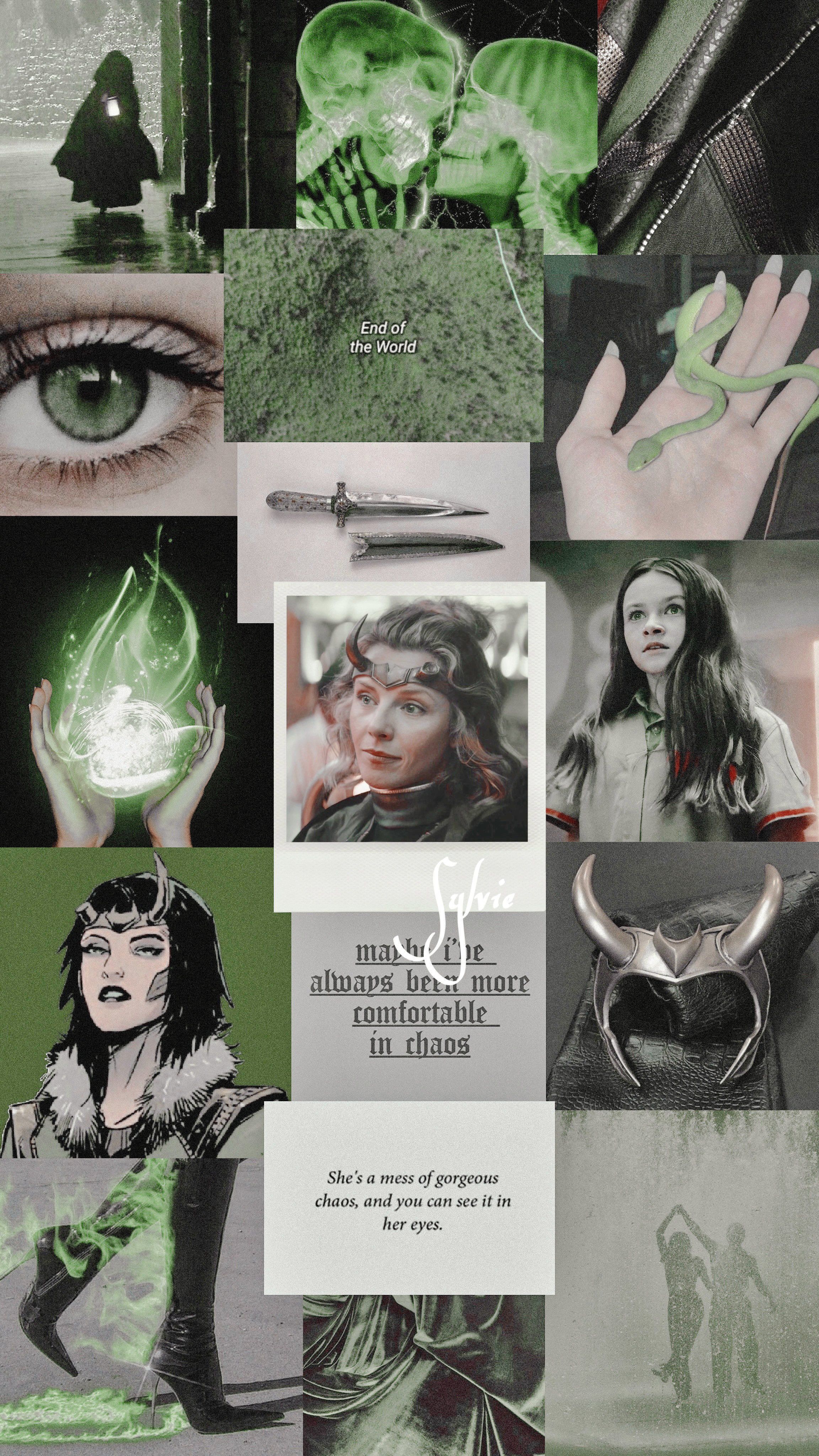 Collage of images of the character from the Marvel Cinematic Universe, including a picture of her with a green gem in her hand, a picture of her with a knife, and a picture of her with green hair. - Loki