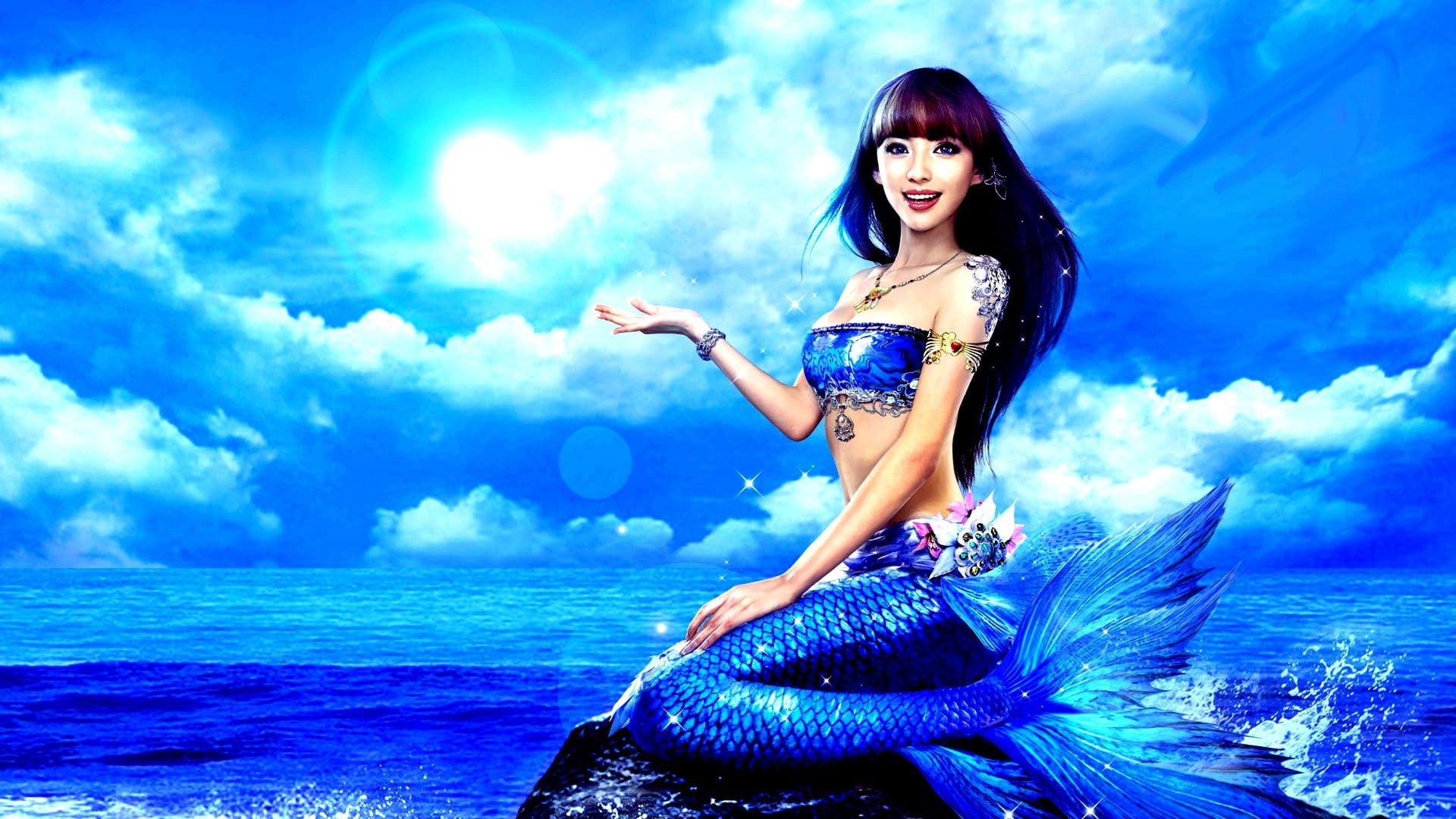 Wallpaper Blue Mermaid, Sea, Girl, The Ocean, Tail, Asian
