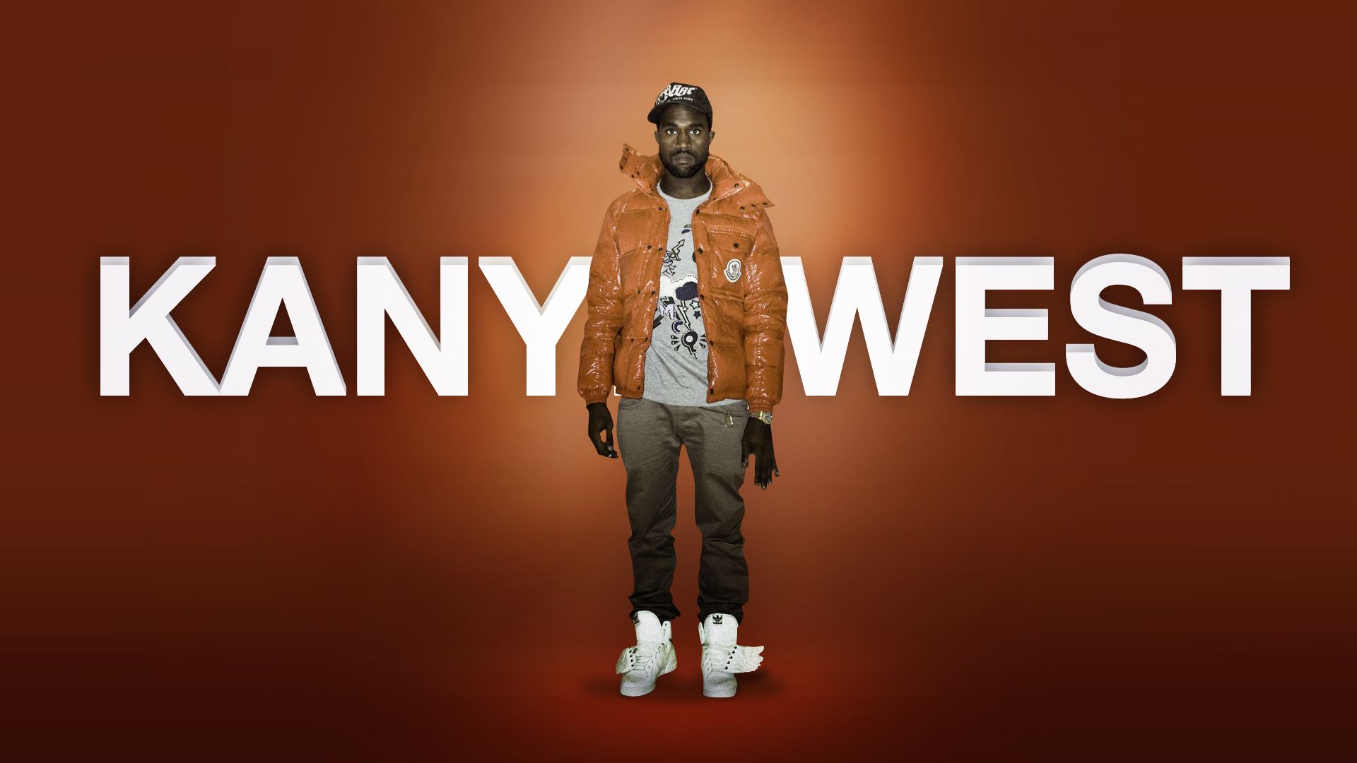 Kanye West wallpaper with the rapper in a white and orange hoodie - Kanye West