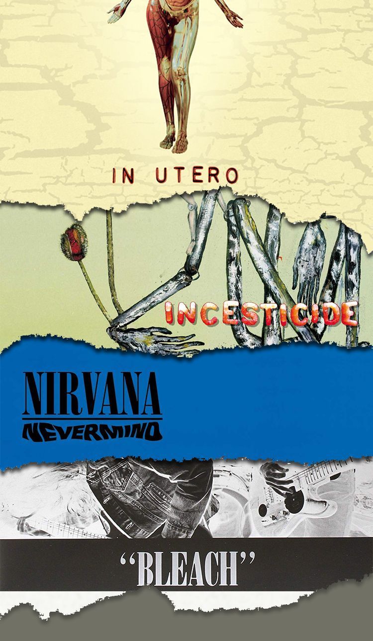 A collage of the Nirvana album Nevermind, the In Utero album, and the Bleach album. - Nirvana