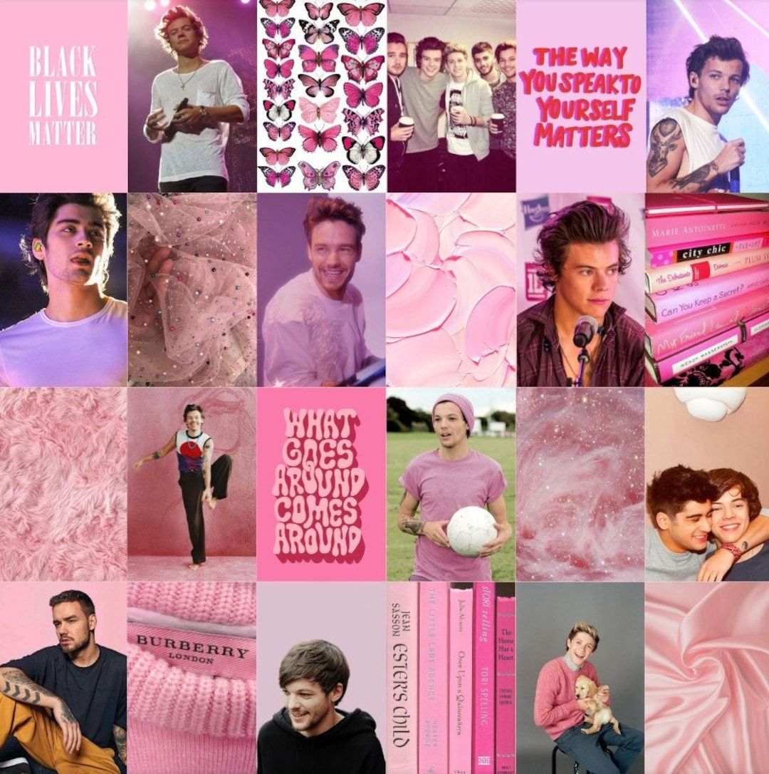 A collage of pink and purple images including 1D, Harry Styles, and Black Lives Matter - One Direction