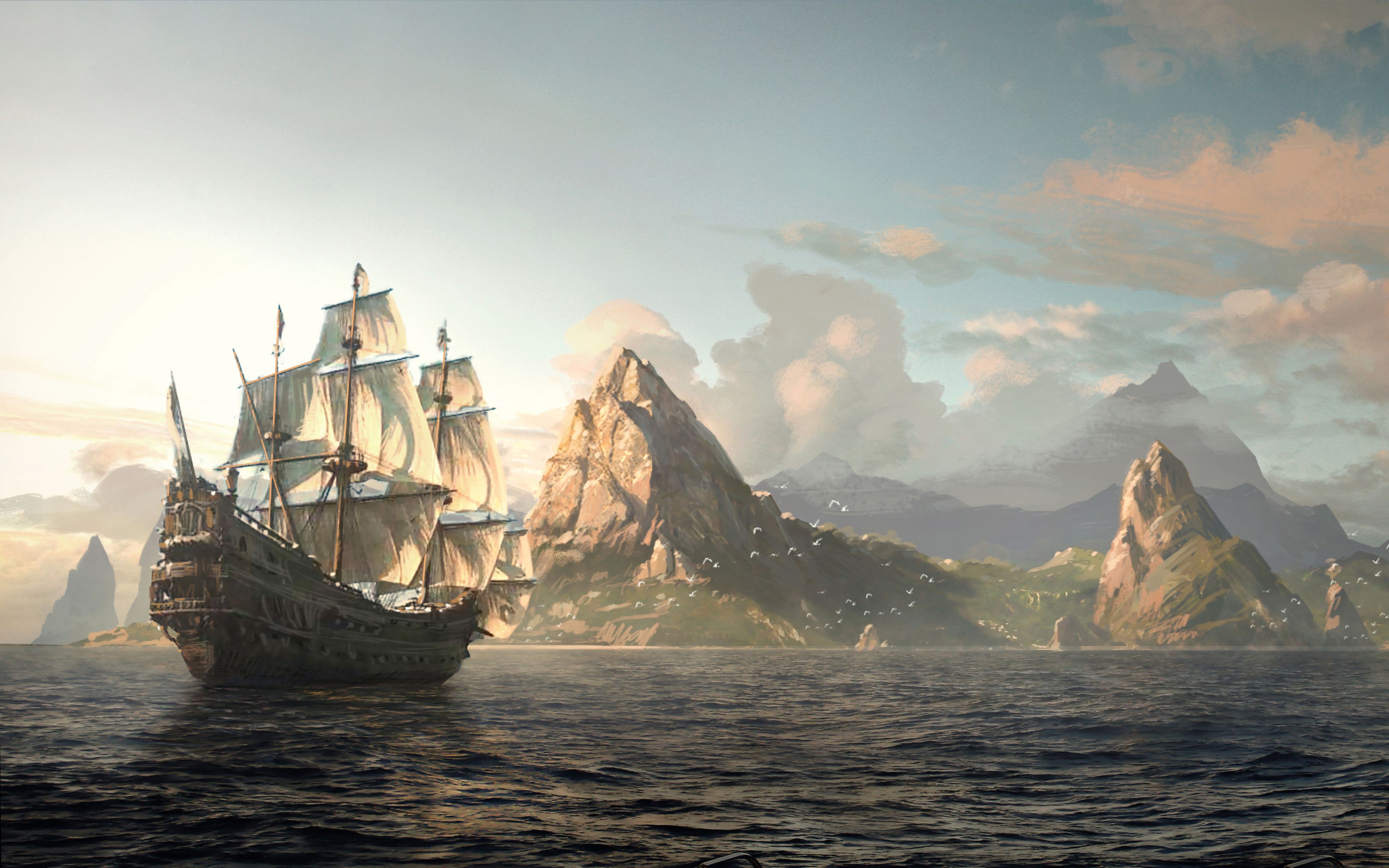 An old pirate ship sails through the ocean in front of a rocky island. - Pirate