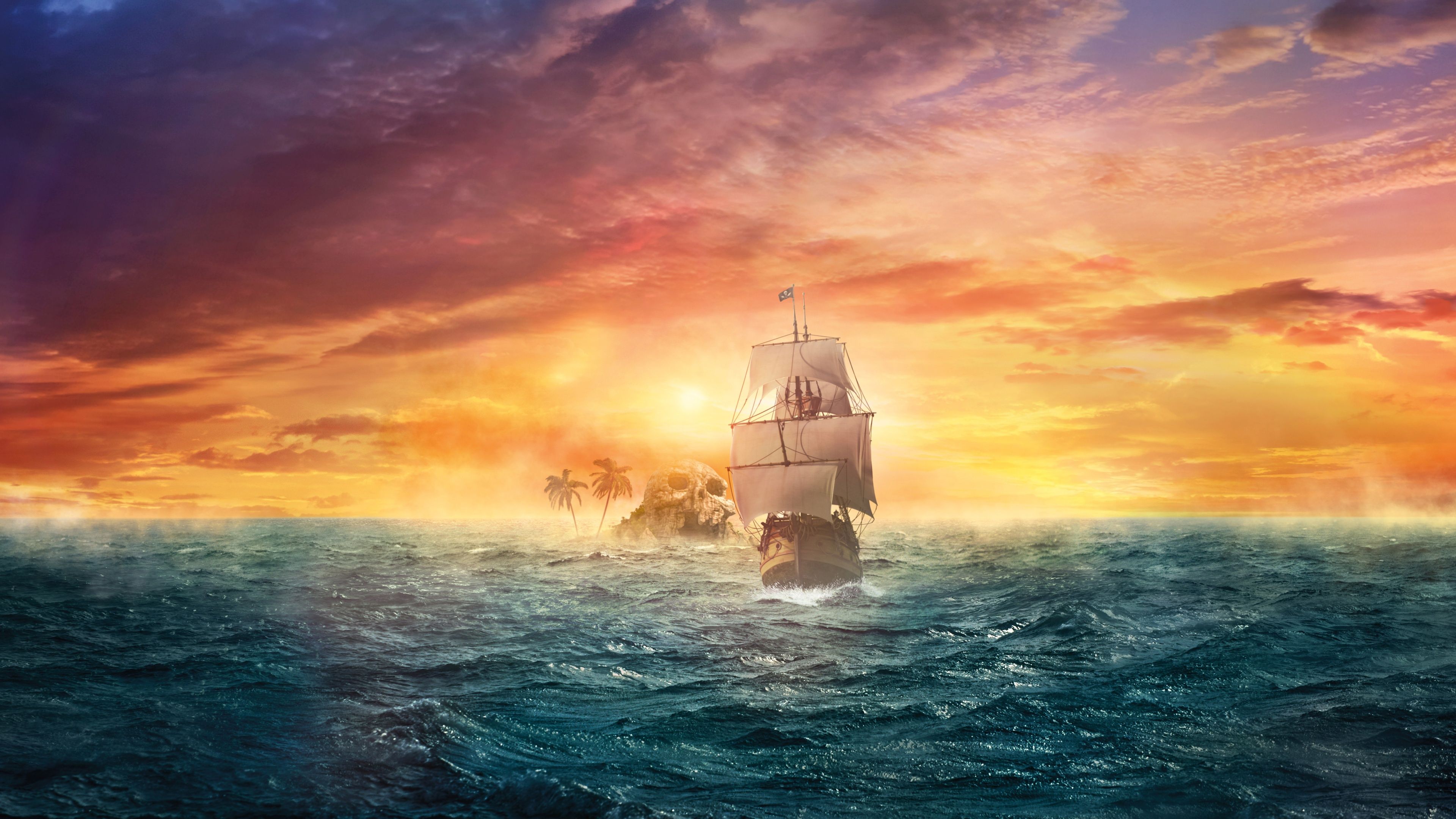 A ship sailing in the middle of the ocean during a sunset - Pirate