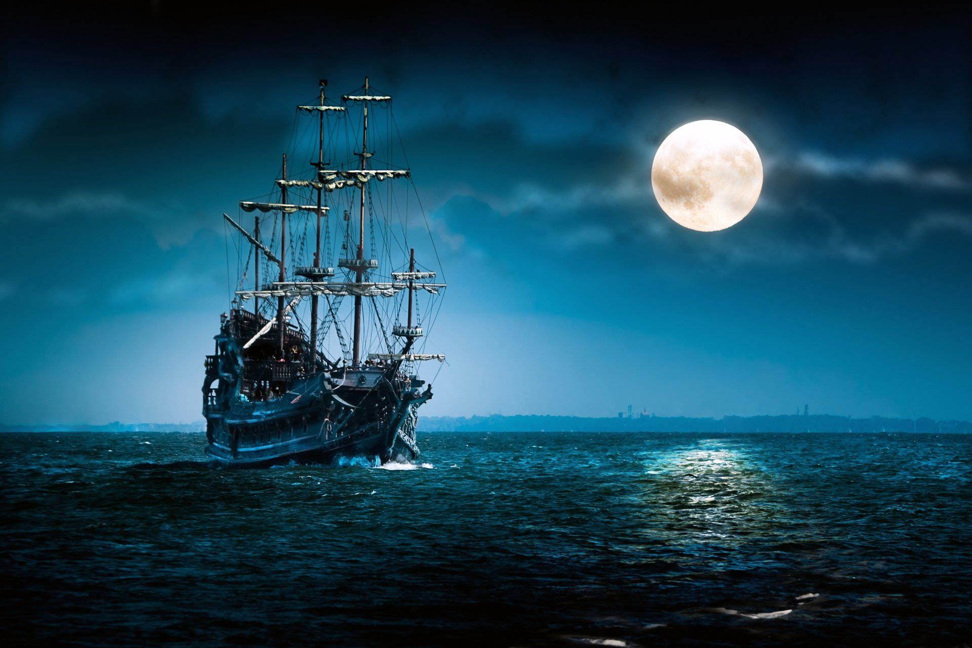 A ship is sailing in the ocean at night - Pirate