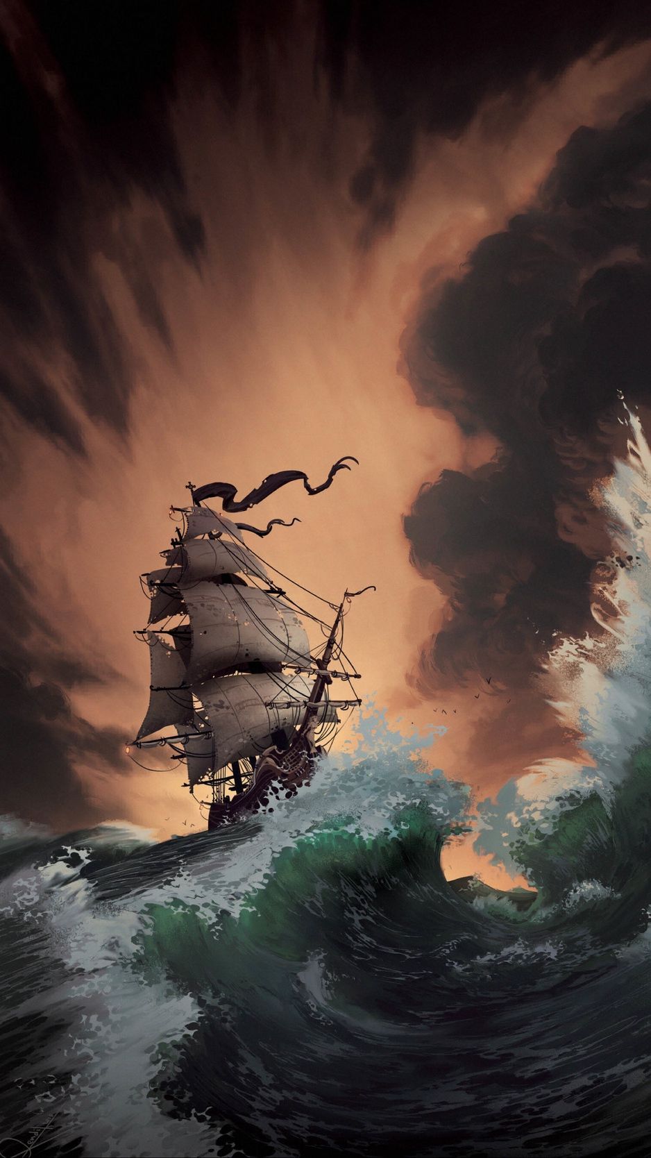 A ship in the middle of the sea during a storm - Pirate
