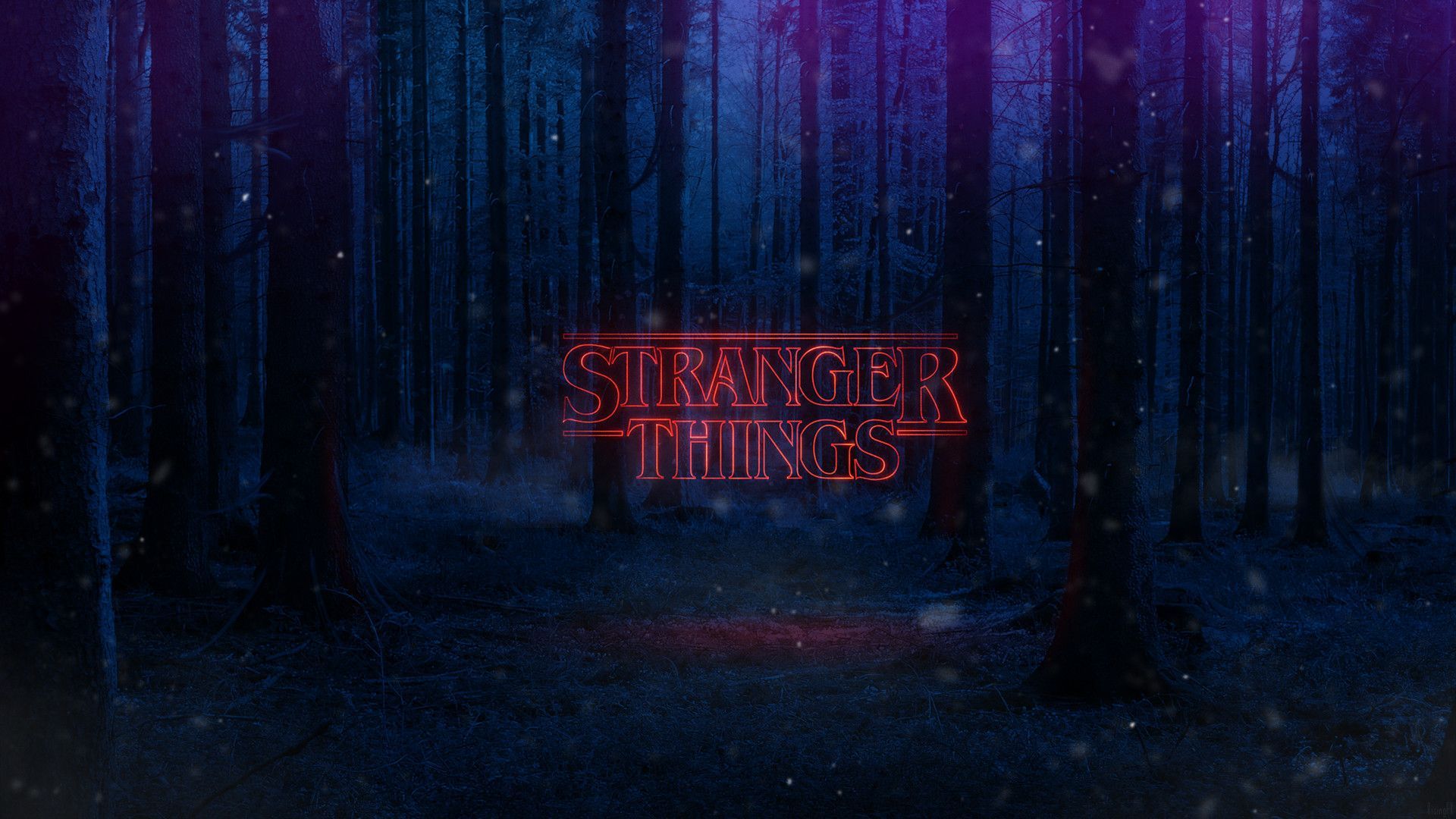 A dark forest with the Stranger Things title card in the middle - Netflix, Stranger Things