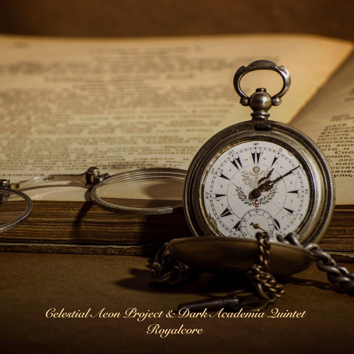 An antique pocket watch and magnifying glass sit on an open book. - Royalcore