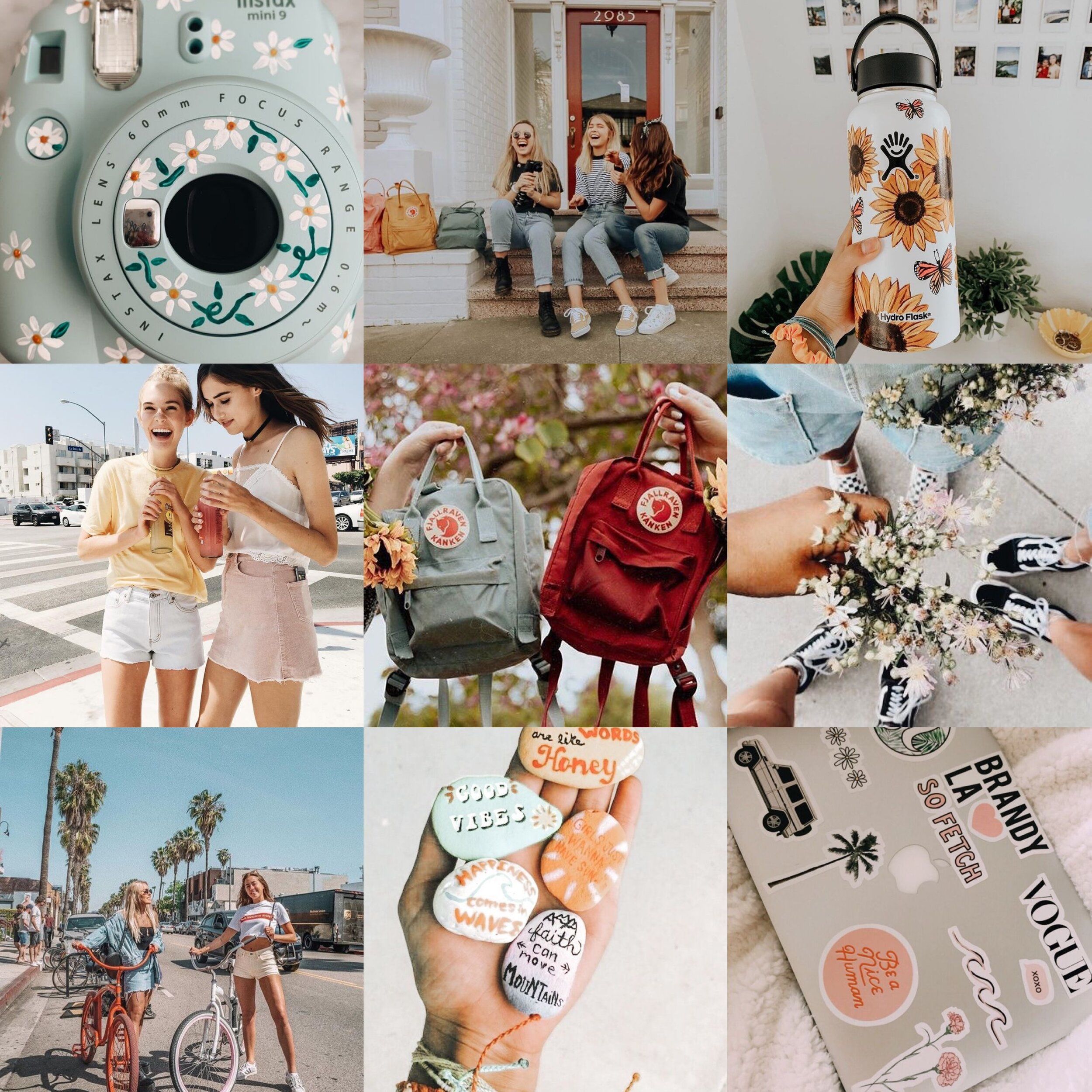 A collage of pictures including a camera, a sticker, a handbag, a bike, a sticker book and three girls. - Royalcore