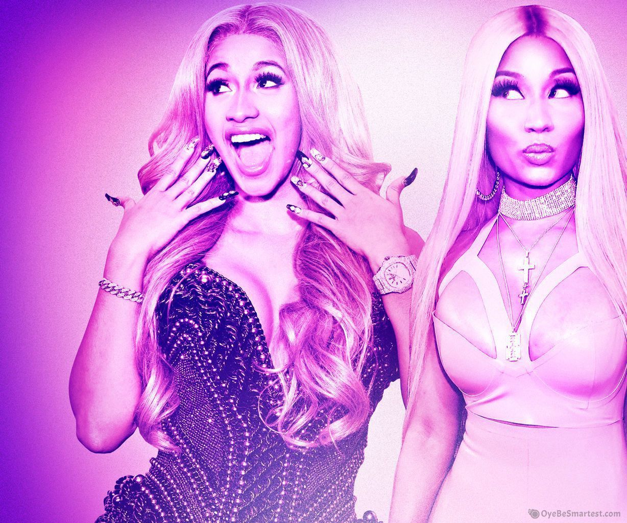 Two women with pink hair and purple backgrounds - Cardi B