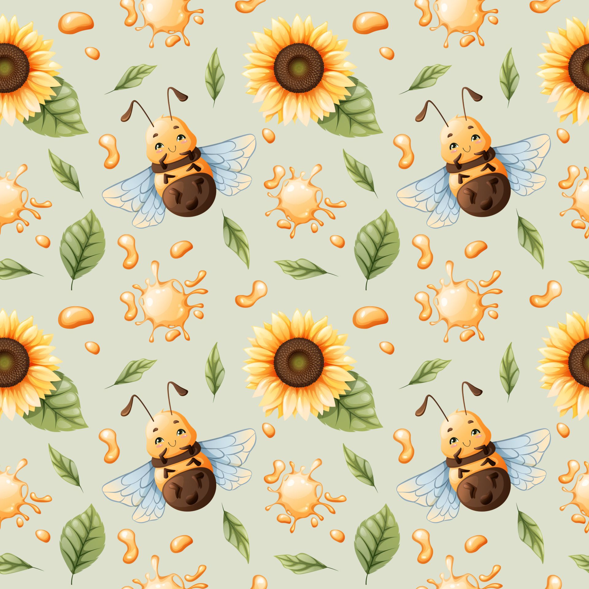 Vector seamless pattern with cartoon bees, honey, sunflowers on a green background. Great for textiles, wallpaper, background