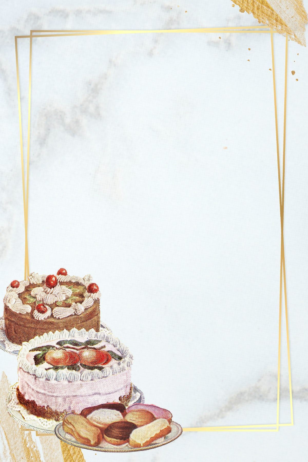 Gold frame with cakes on marble texture background / Adj. Cake background, Cake frame, Cake wallpaper