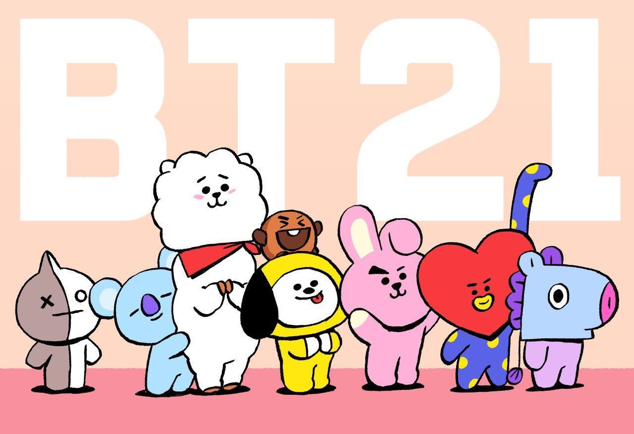 A drawing of the BT21 characters standing in a line. - BT21