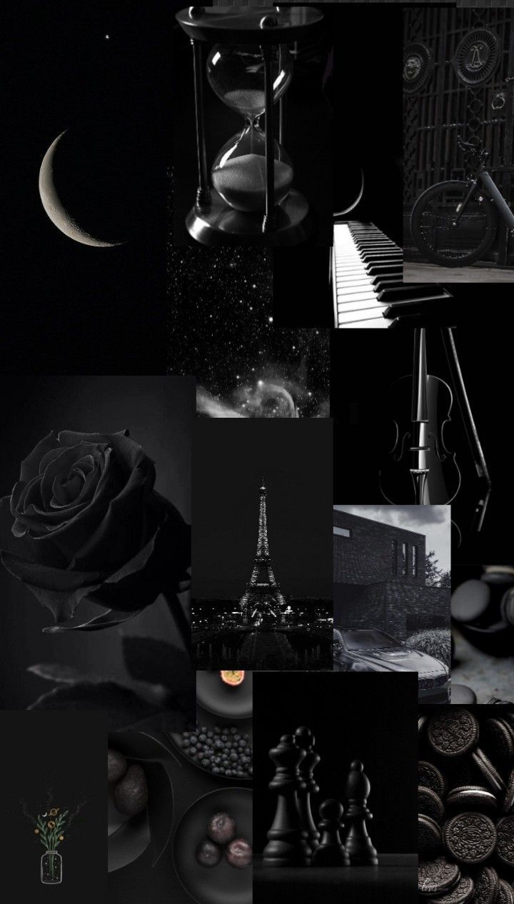 Aesthetic black collage background with chess pieces, roses, and a clock. - Black, black phone