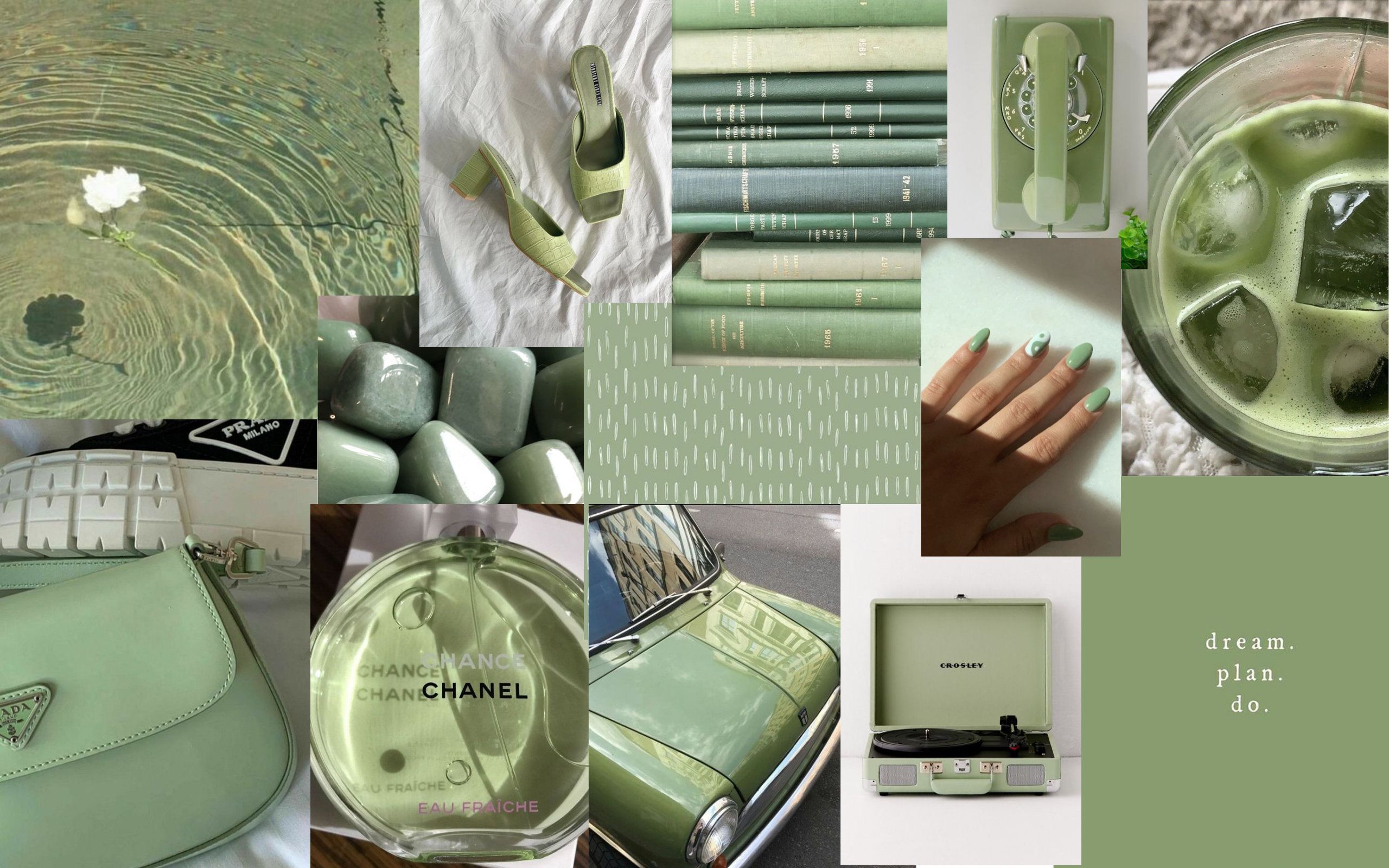 A collage of pictures with green items - Green, collage, sage green, Chanel