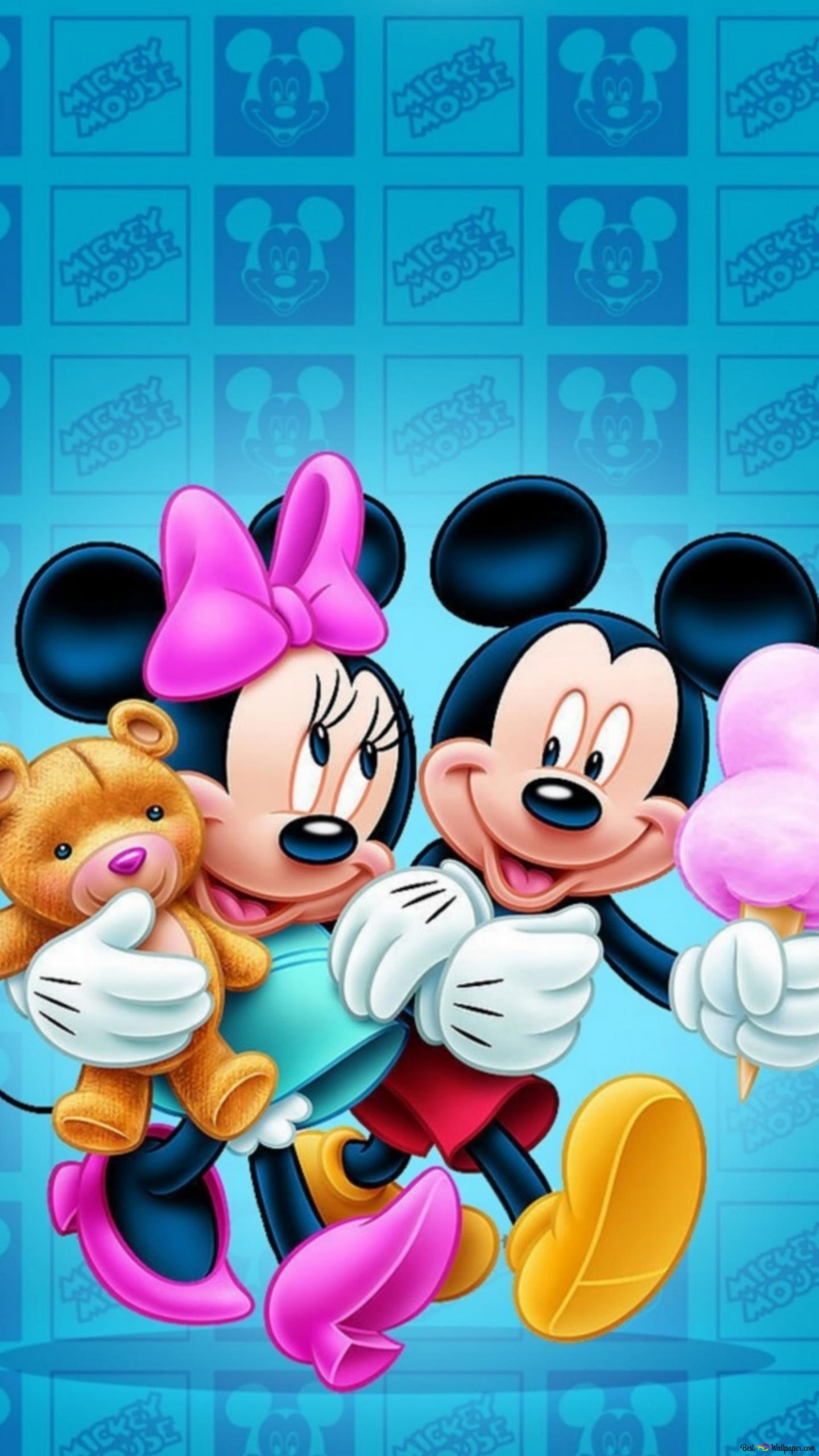 Mickey and Minnie with teddy bear 2K wallpaper download