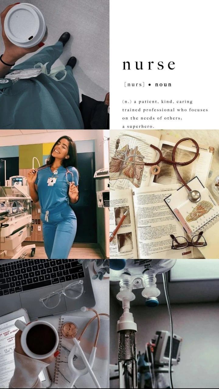 Collage of images of a nurse's work including a patient, stethoscope, and a computer. - Nurse