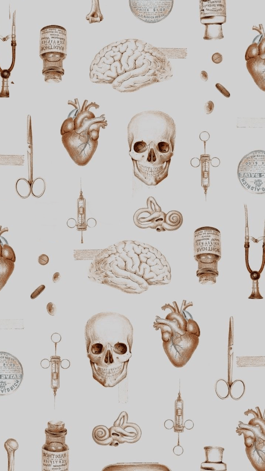 A pattern of medical instruments including a heart, brain, skull, and scissors. - Nurse