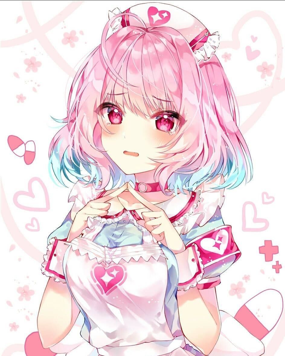 Pink hair anime girl making a heart with her hands - Nurse