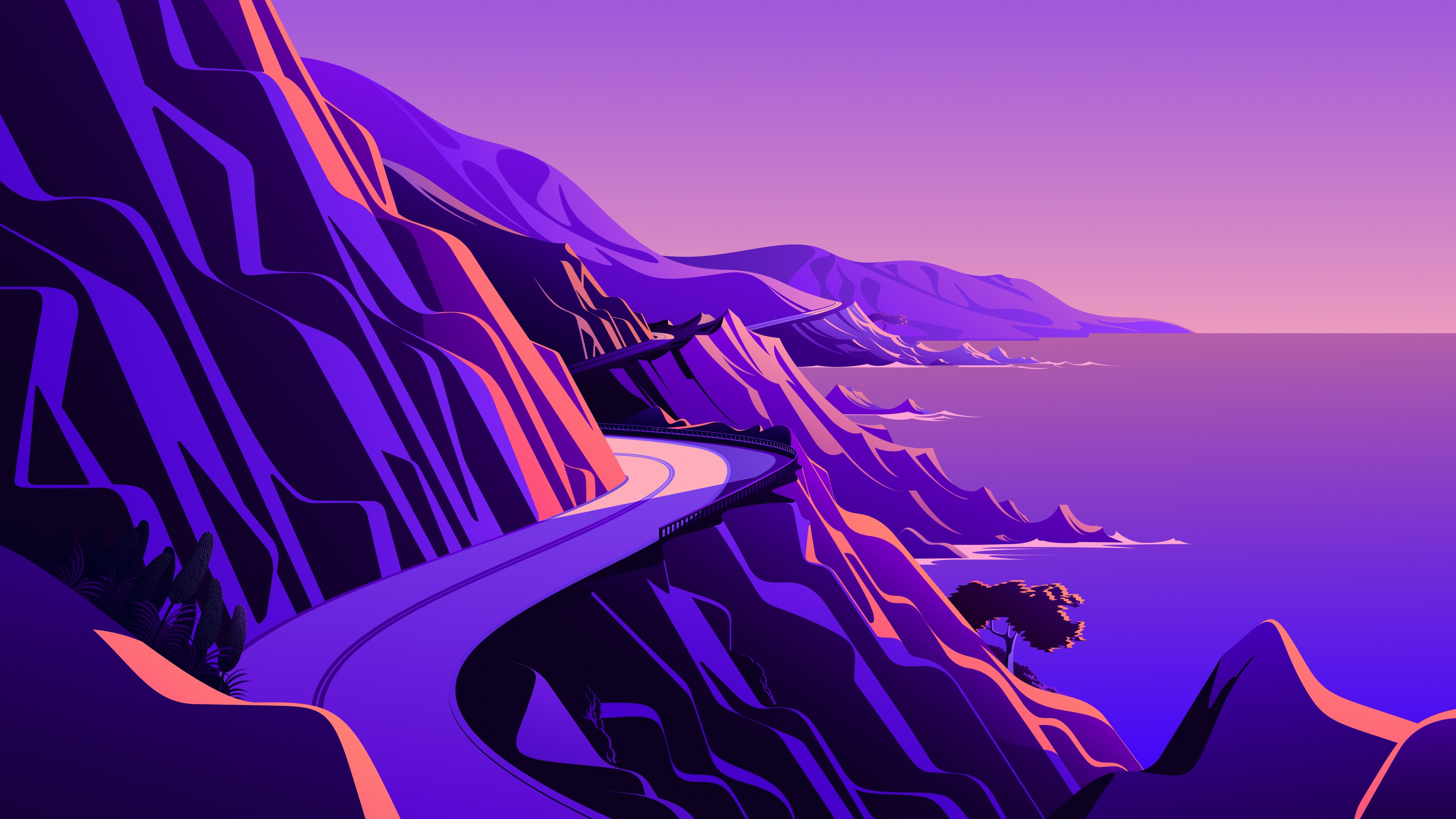 A digital painting of a winding road on a cliffside - Road, vector, mountain