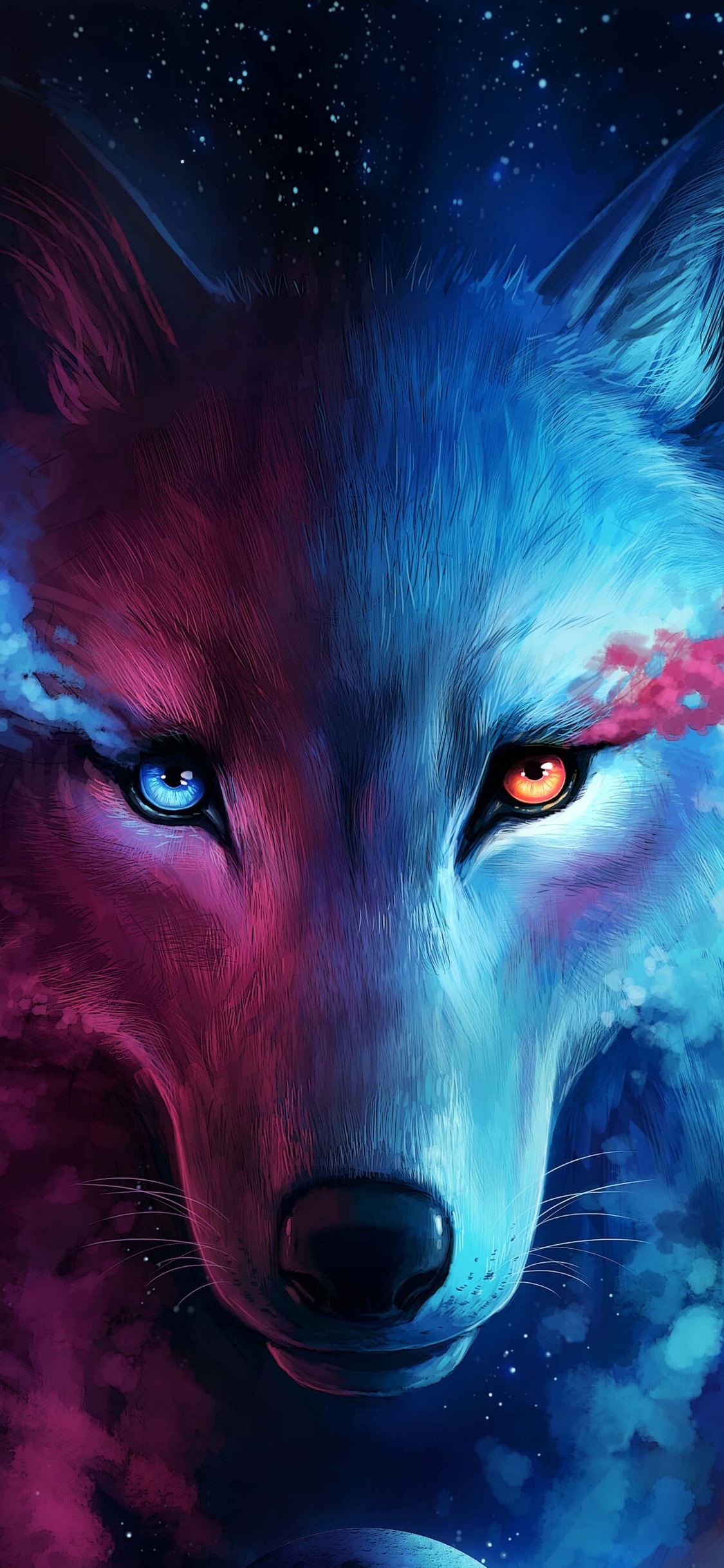 A wolf with blue eyes and stars in the background - Wolf