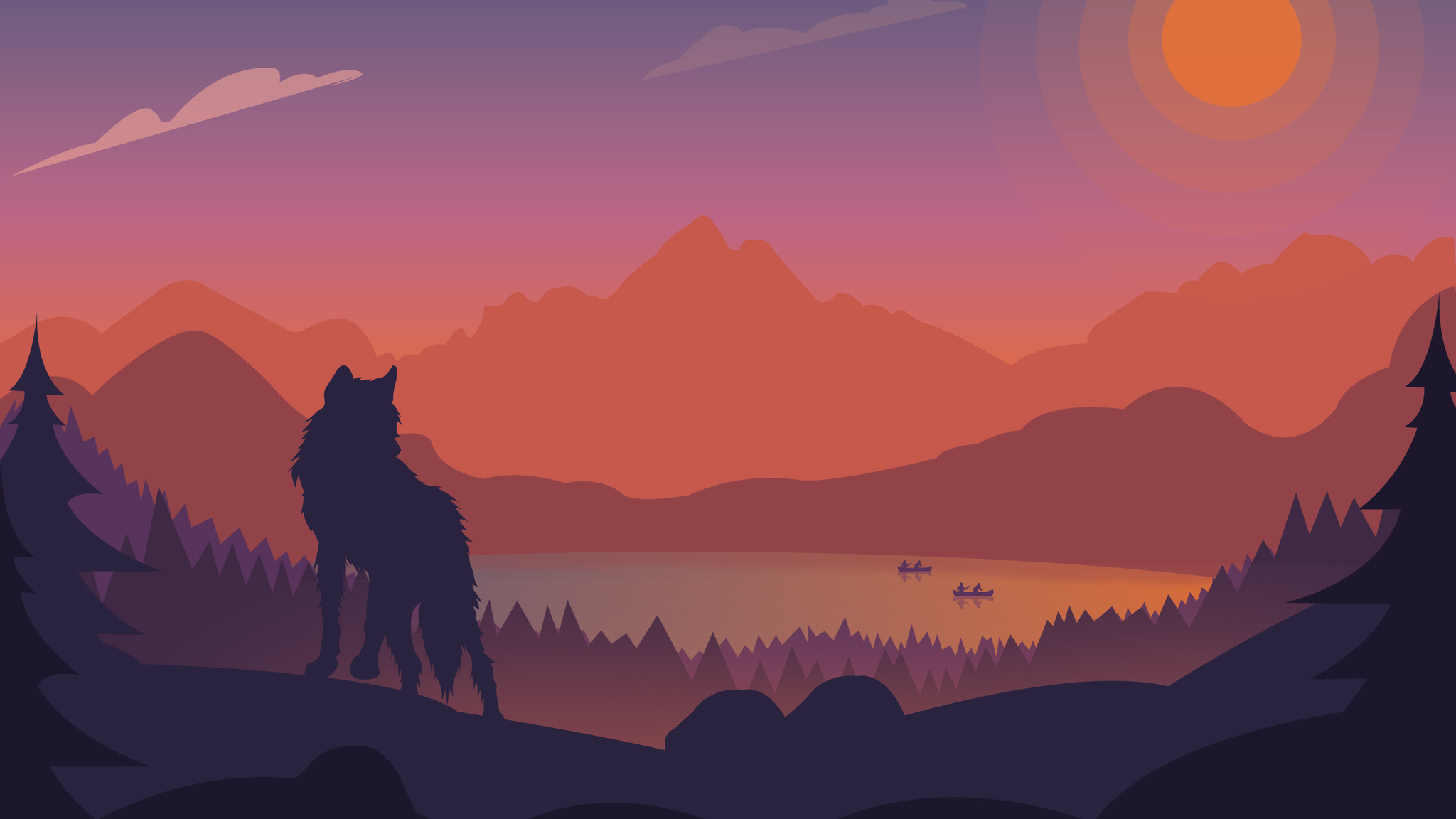 A purple and orange sunset over a lake with a wolf standing on a rock in the foreground. - Wolf, lake, landscape, vector