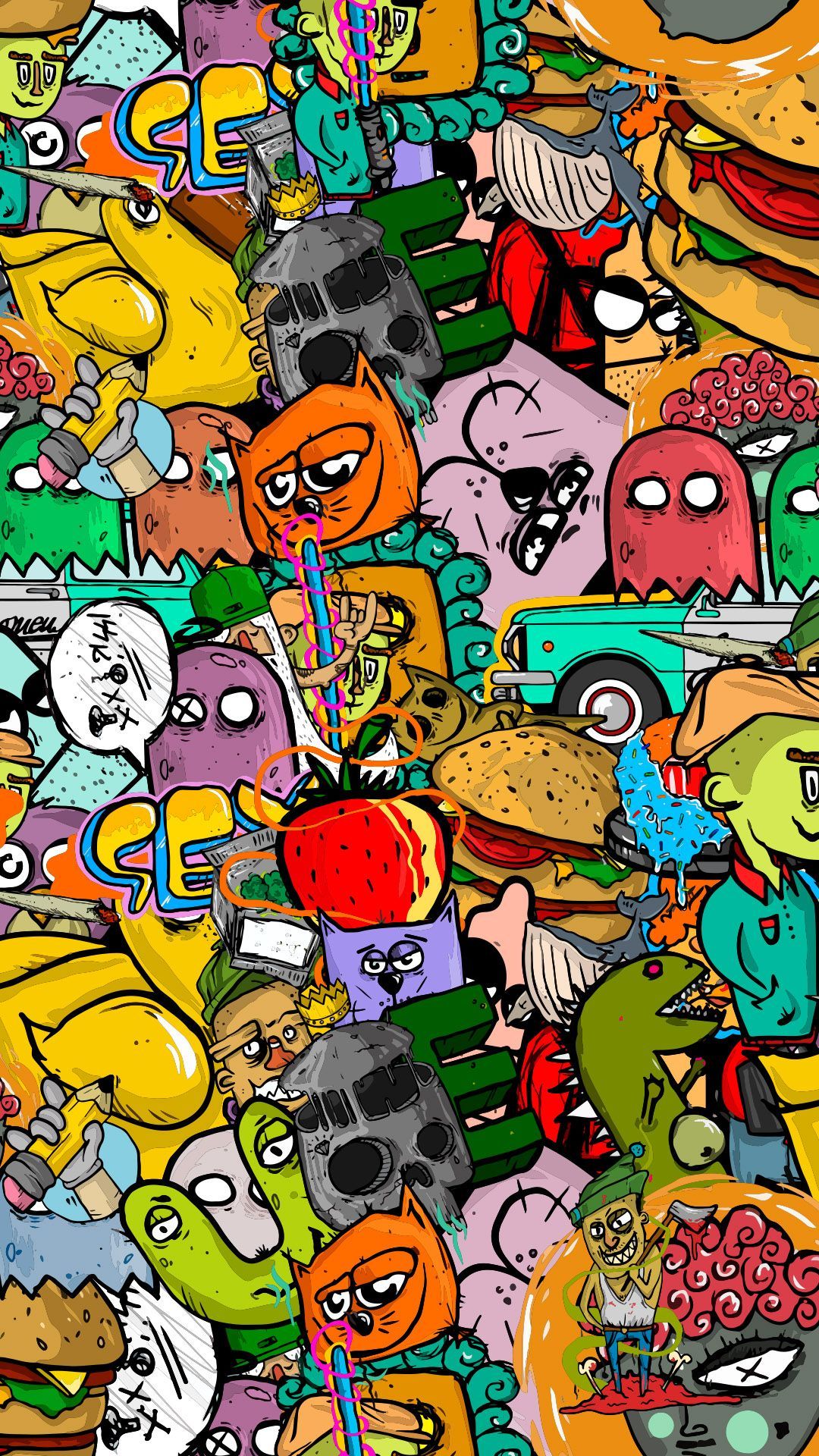 IPhone wallpaper of a colorful and busy illustration of many different characters and objects - Graffiti