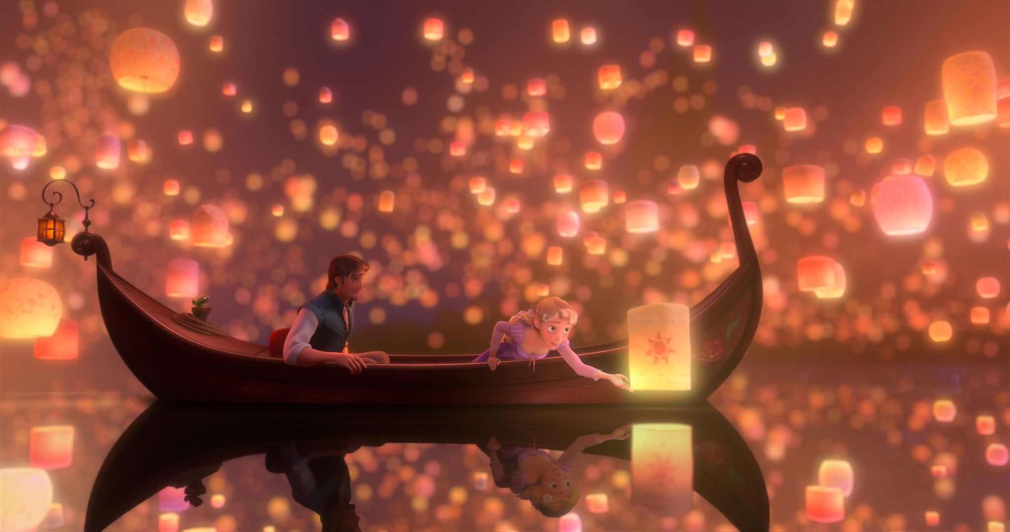 A boat with lanterns floating in the water - Rapunzel
