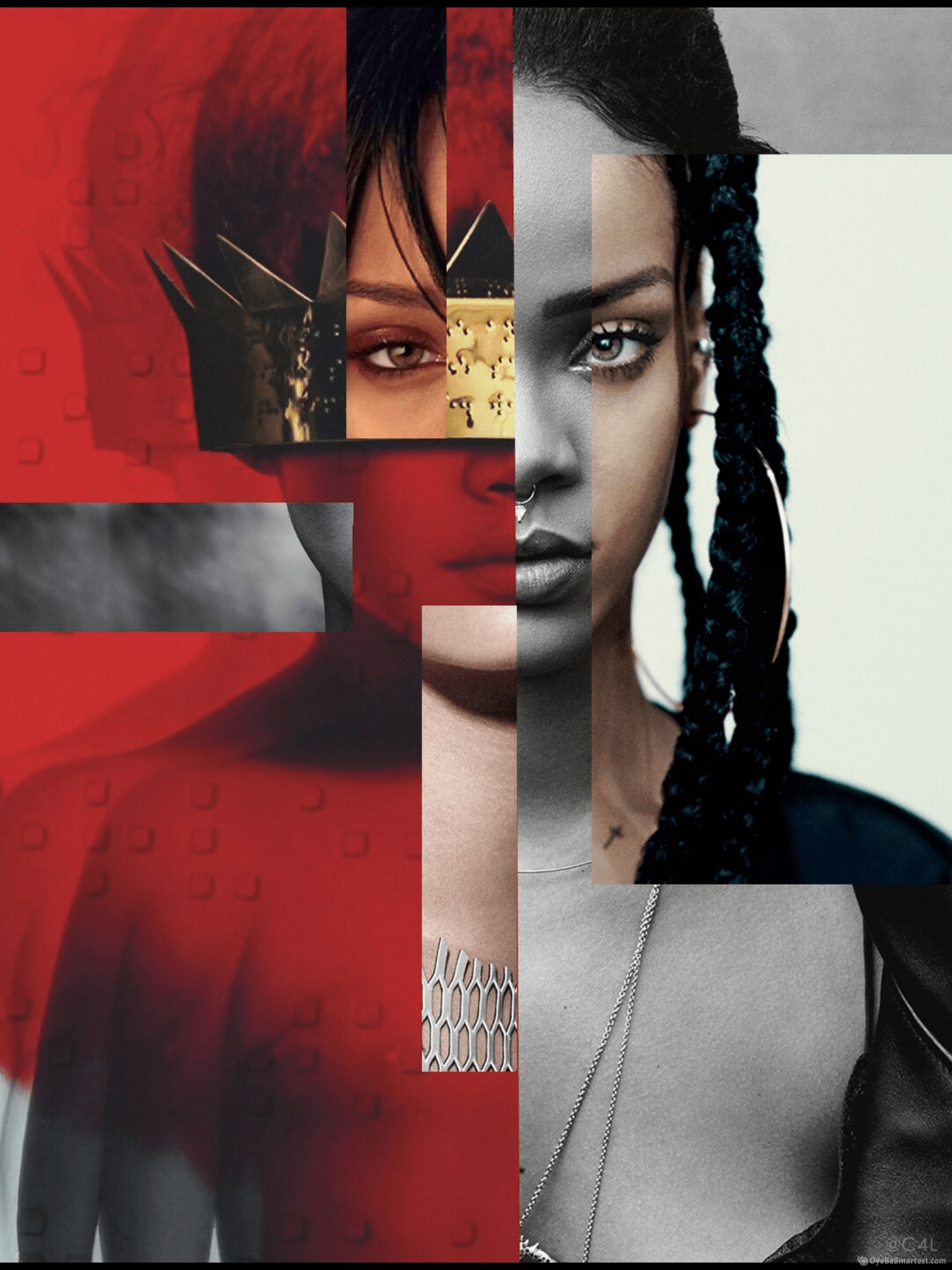 A digital collage of a woman with braids and a crown. - Rihanna