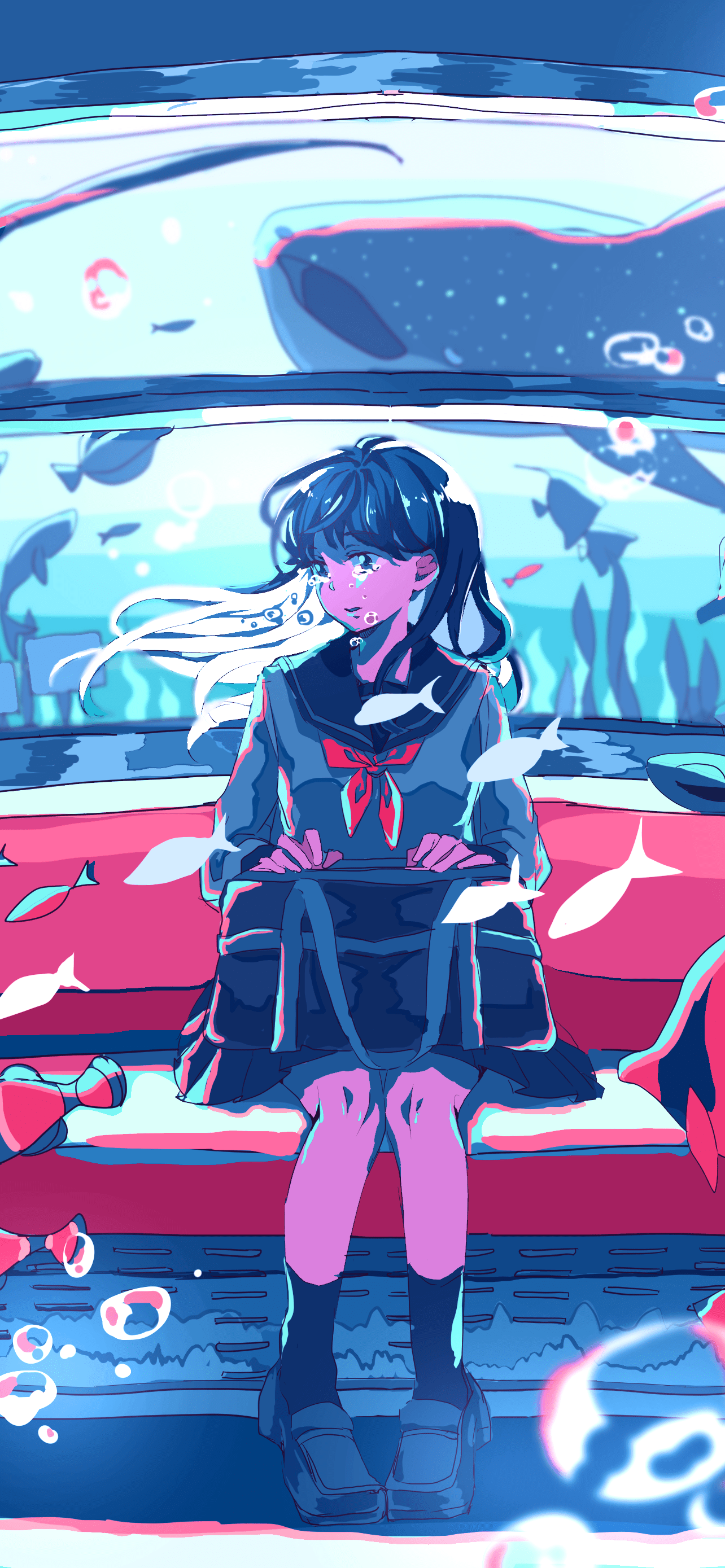 A girl with black hair in pigtails sits on a bench. - Underwater