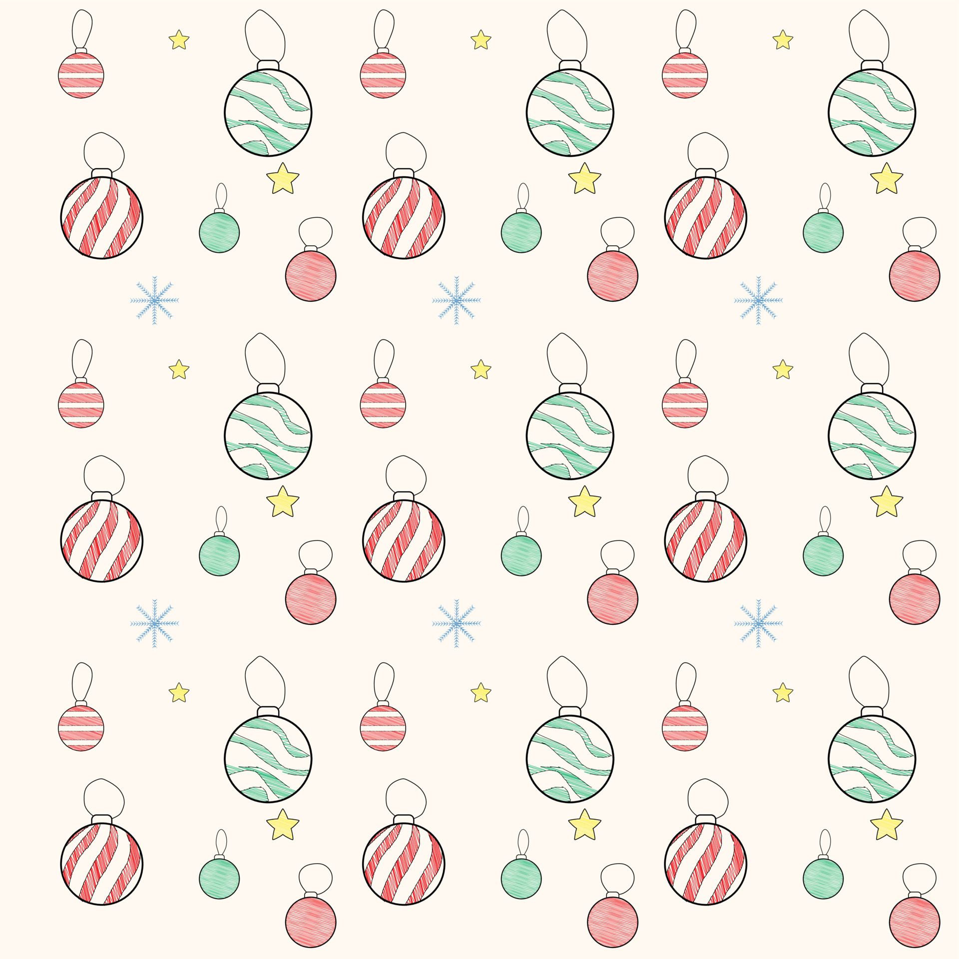 Christmas and New Year Seamless Pattern in doodle simple minimalist style. Red and green balls, stars and snowflakes doodled or hand drawn on light yellow background. Aesthetic and cute. Vector Art