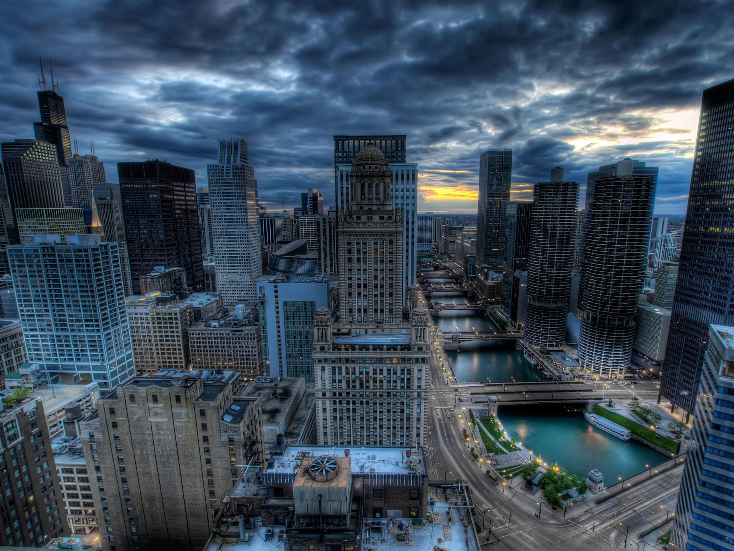 Wallpaper Chicago, skyscrapers, river, bridge, cityscape, clouds, HDR style 3840x2160 UHD 4K Picture, Image
