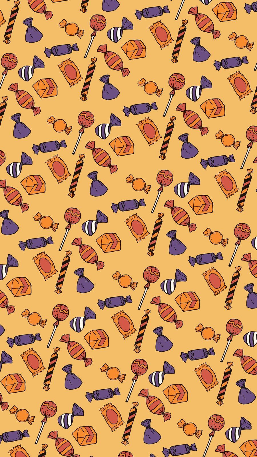 A repeating pattern of various Halloween candies on a yellow background - Pizza