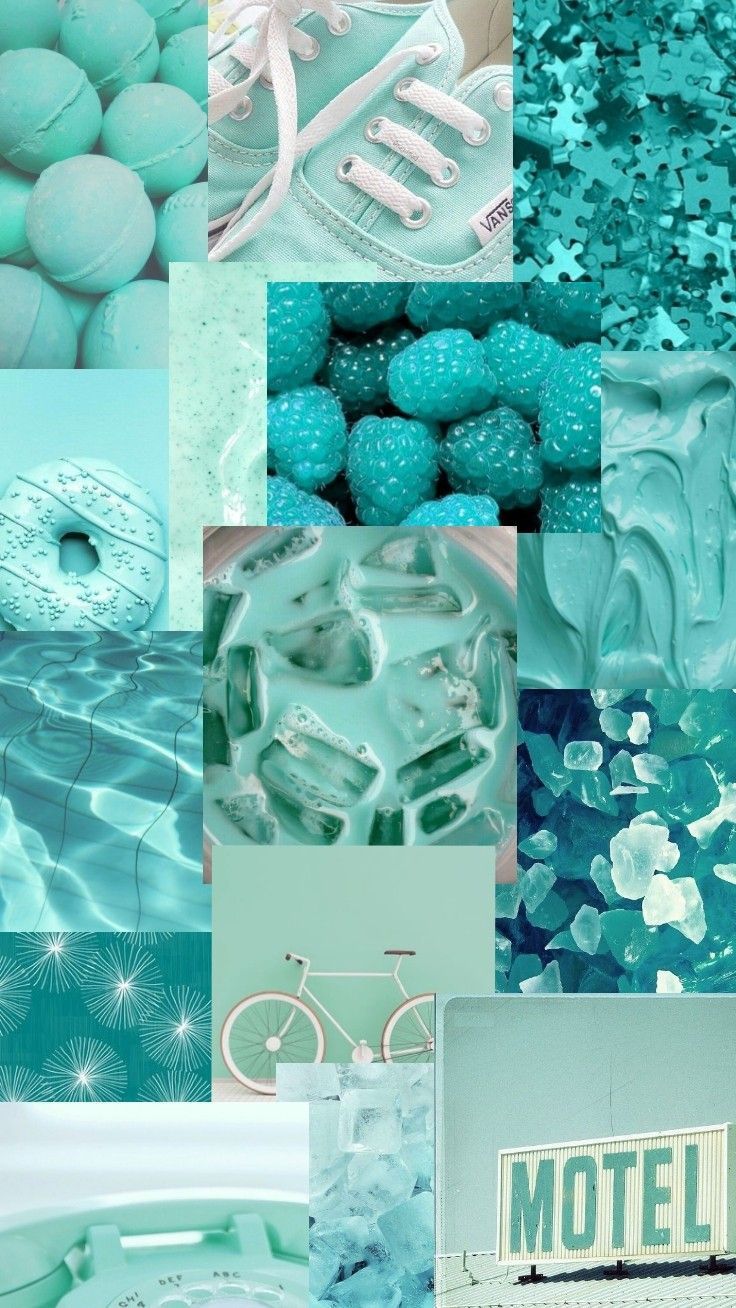 A collage of different colored items with blue backgrounds - Turquoise, aqua