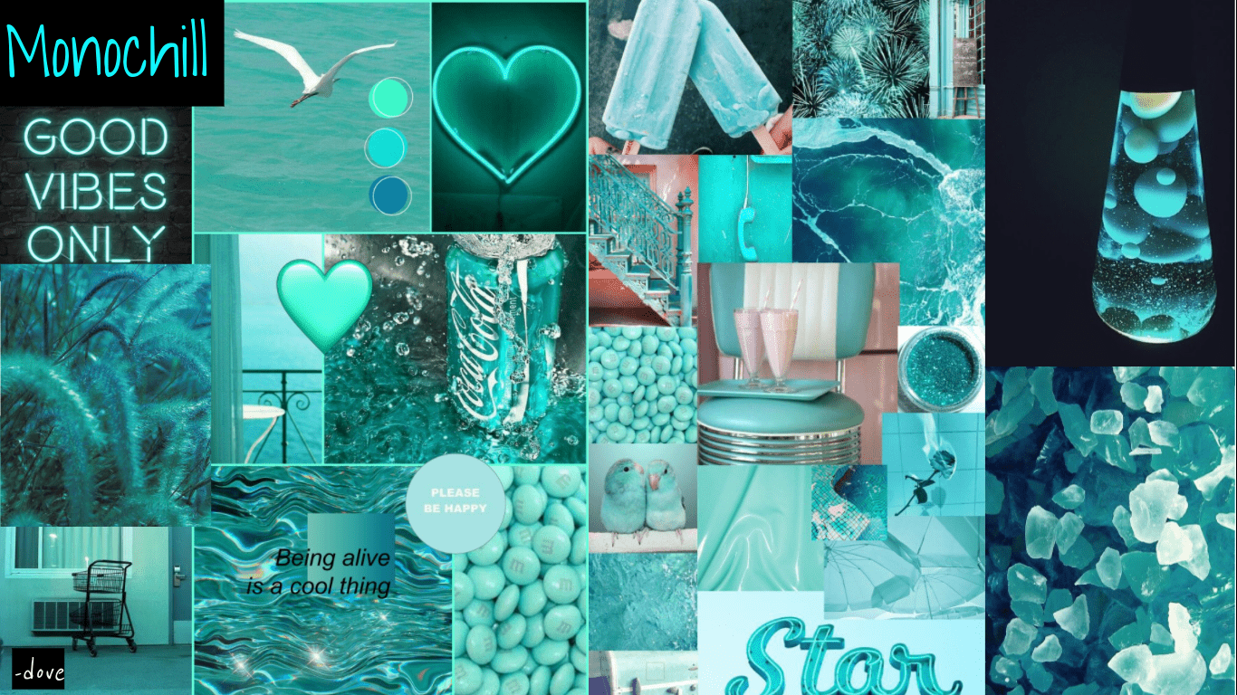 Collage of blue and green images including water, ice, and hearts. - Turquoise
