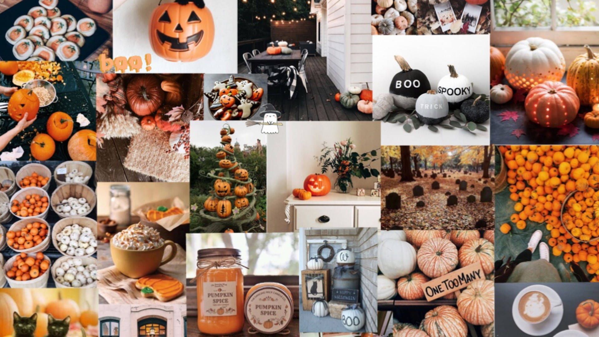 A collage of Halloween and autumn themed images including pumpkins, cookies, and coffee. - Halloween desktop, pumpkin
