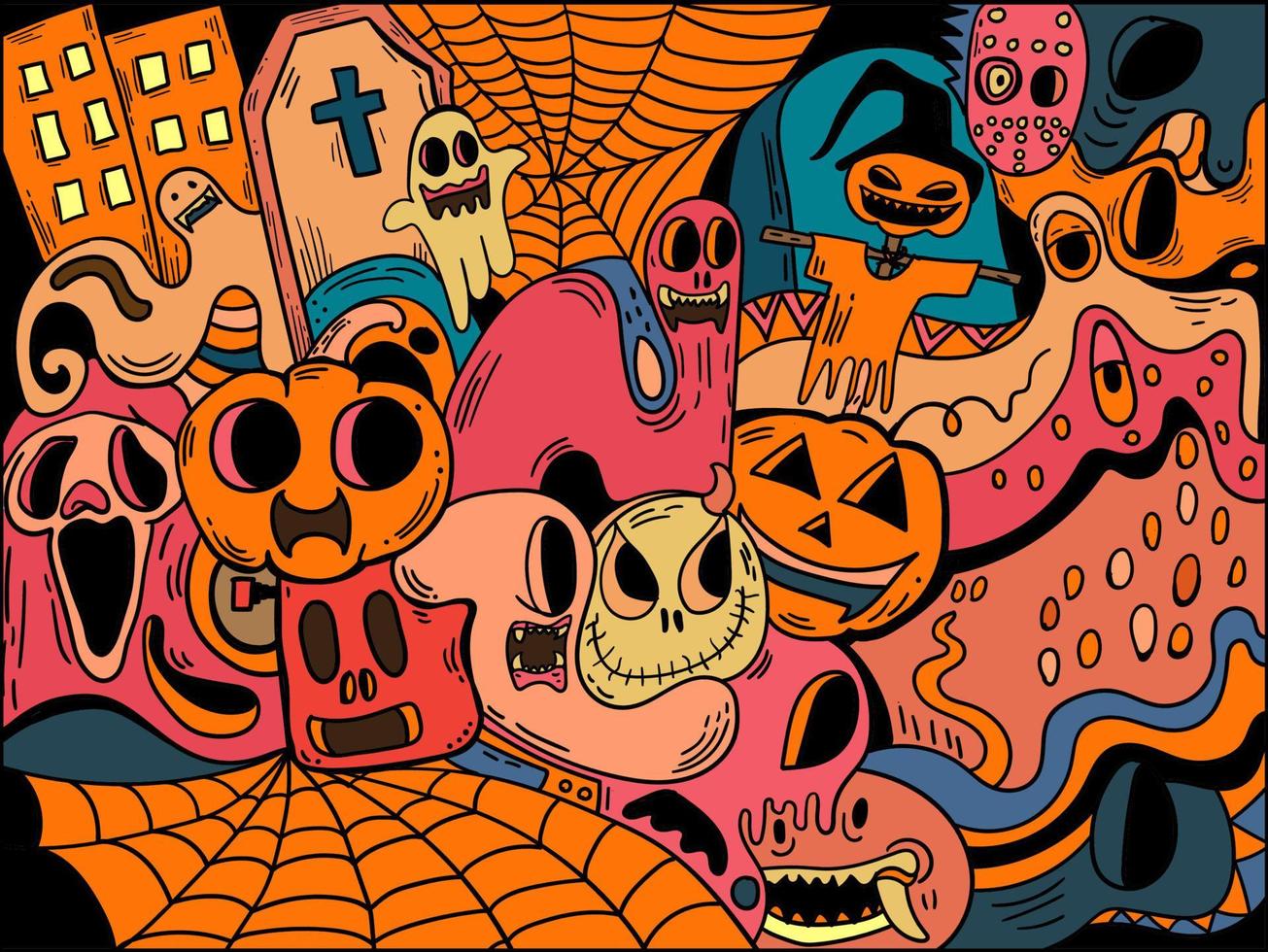 A group of cartoon characters with pumpkins and ghosts - Halloween desktop